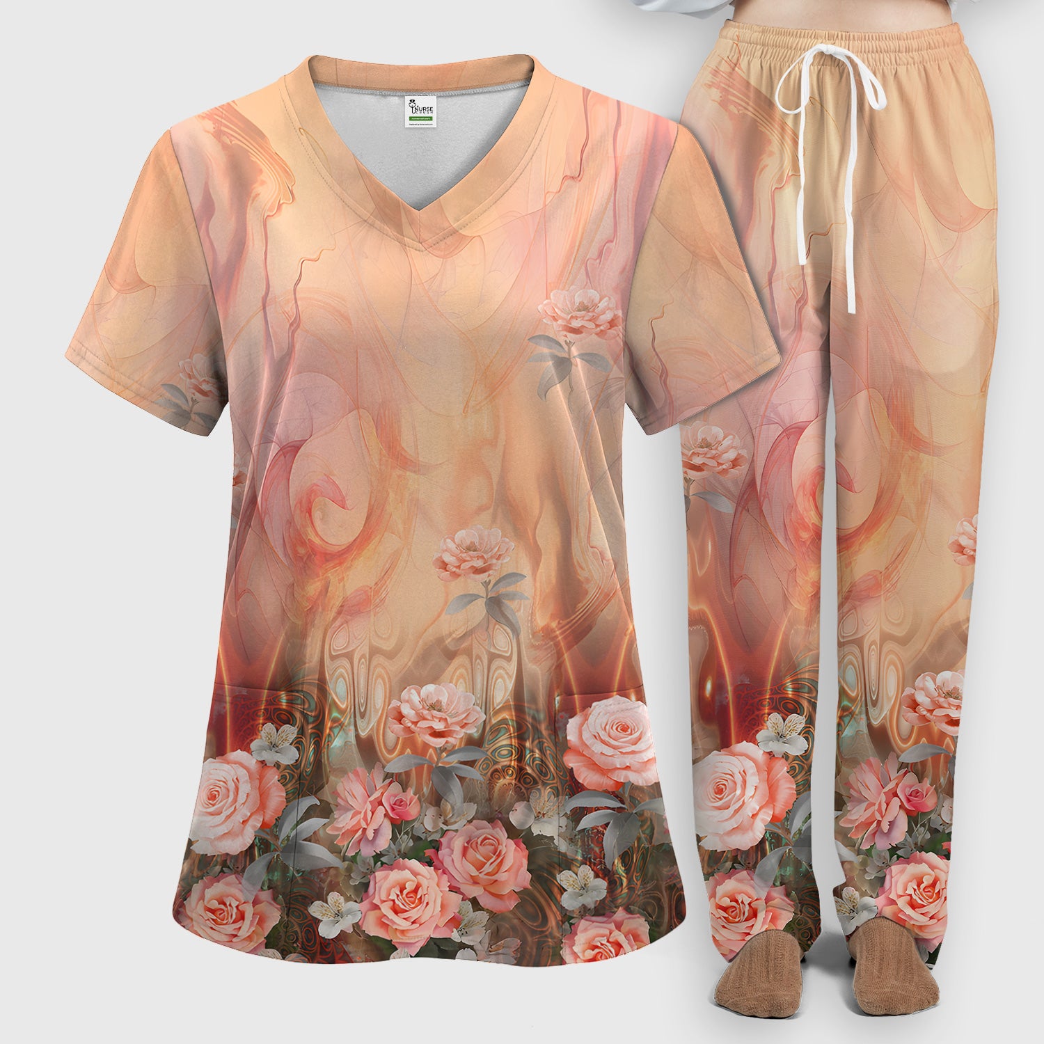 Elegant Peach Marble Rose Pattern Scrub Set, Scrub Pants and V Neck Top