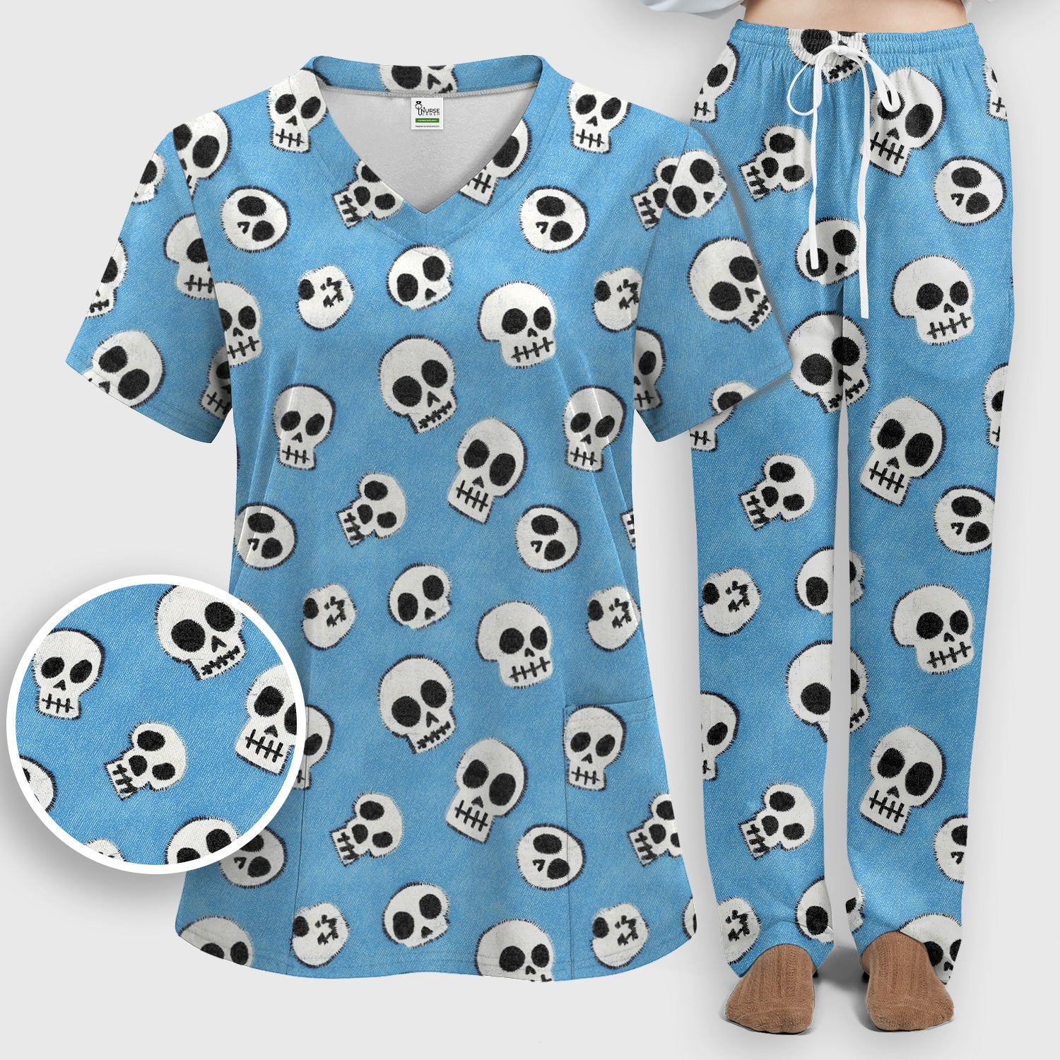 Blue Skull Halloween Pattern Scrub Set, Scrub Pants and V Neck Top