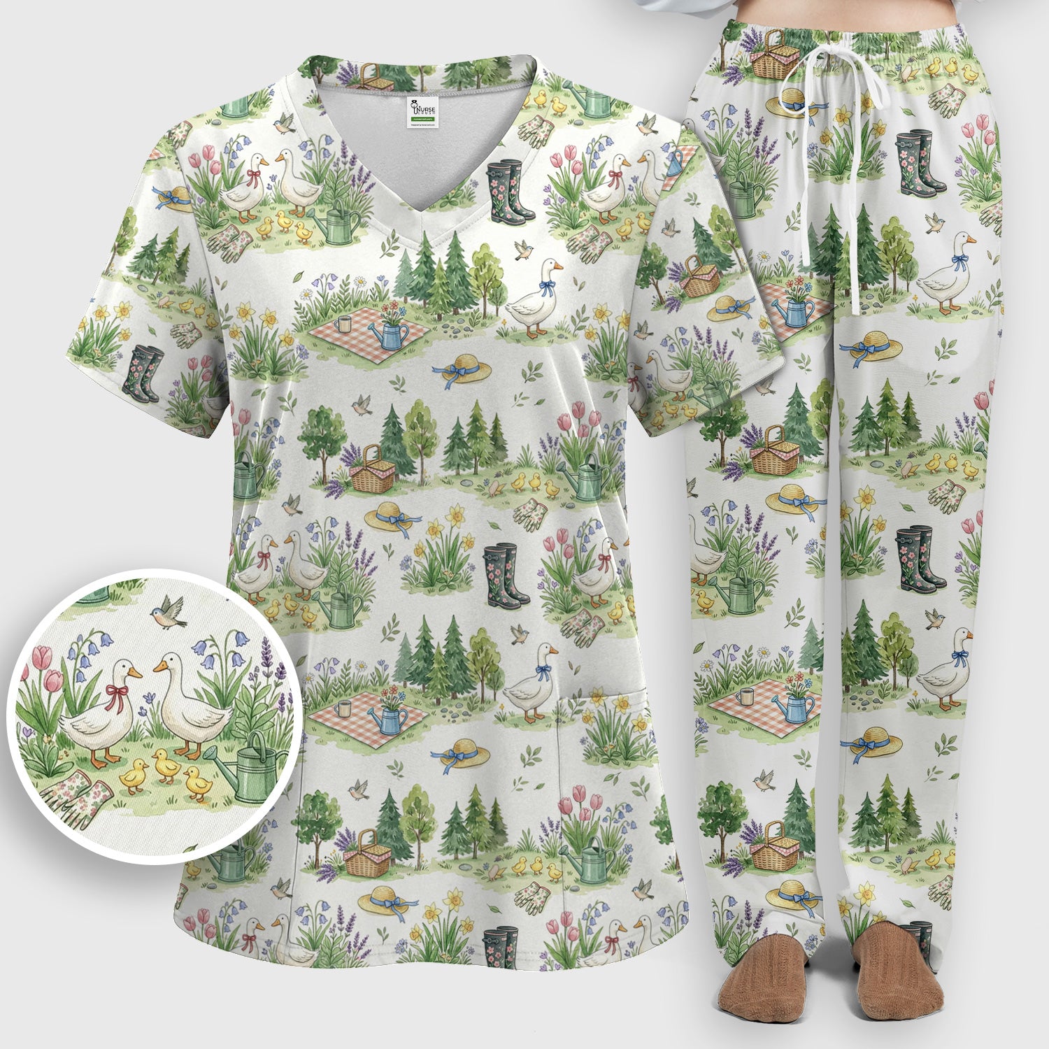 Cute Duck Garden Pattern Scrub Set, Spring Floral Countryside Scrub Pants and V Neck Top