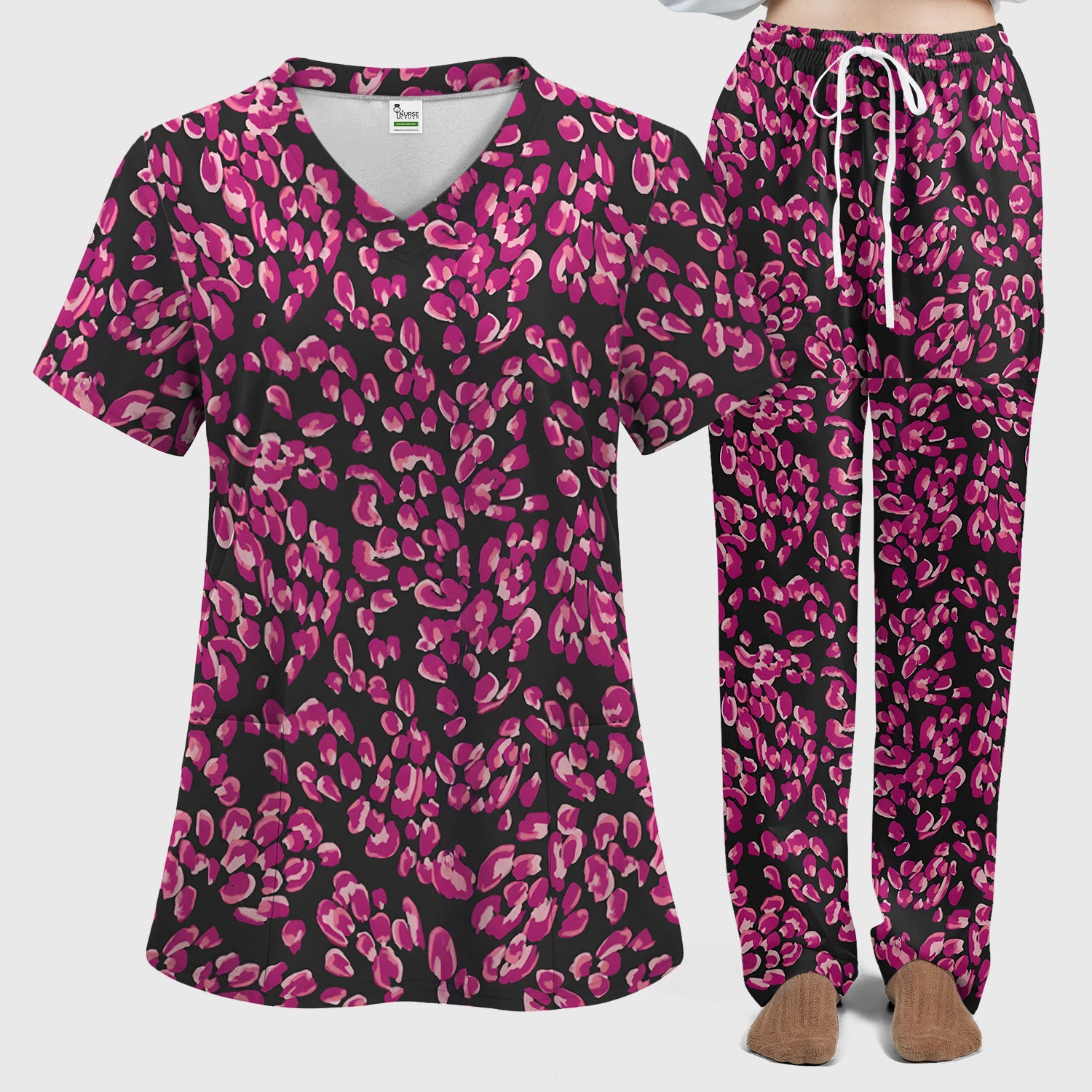 Falling Pink Rose Petals All Over Print Scrub Set, Breathable Med Uniform