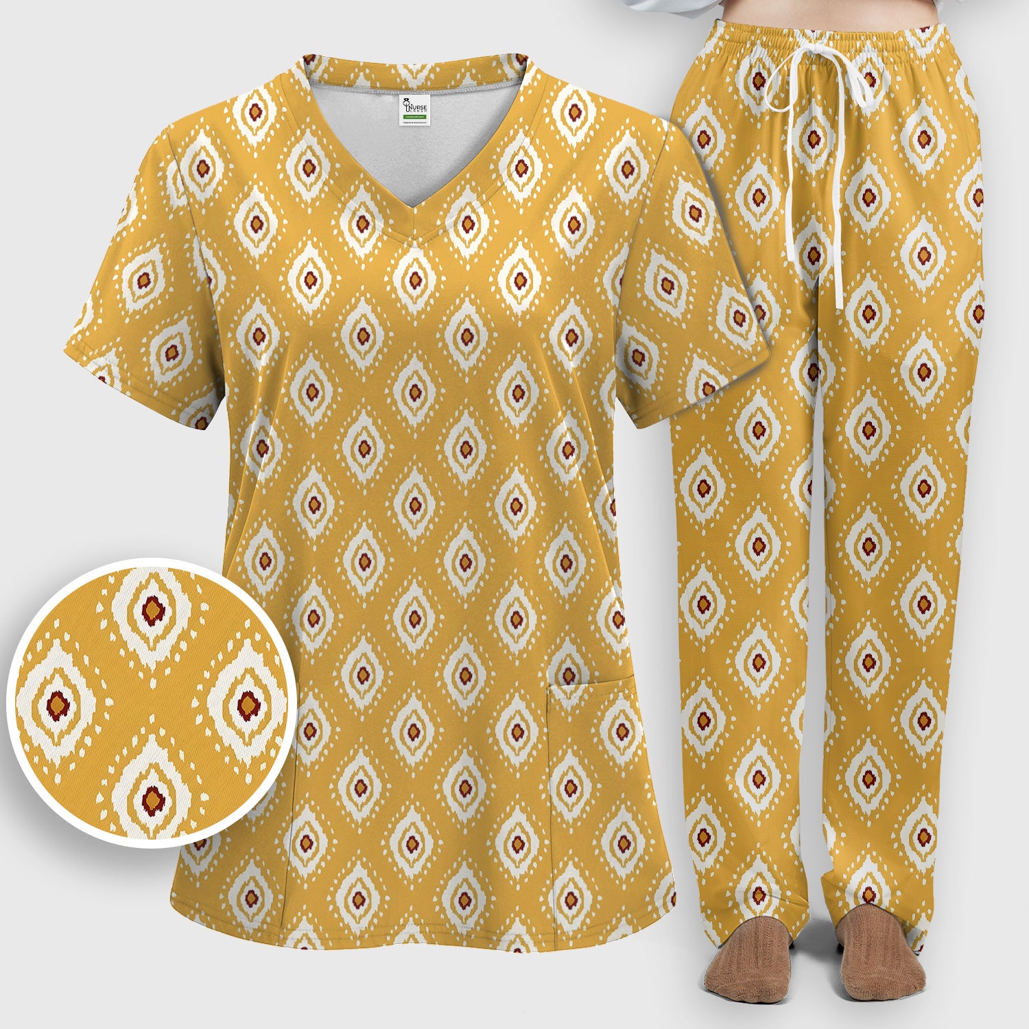 Cute Mustard Geometric Ikat Nurse Pattern Scrub Set, Scrub Pants and V Neck Top
