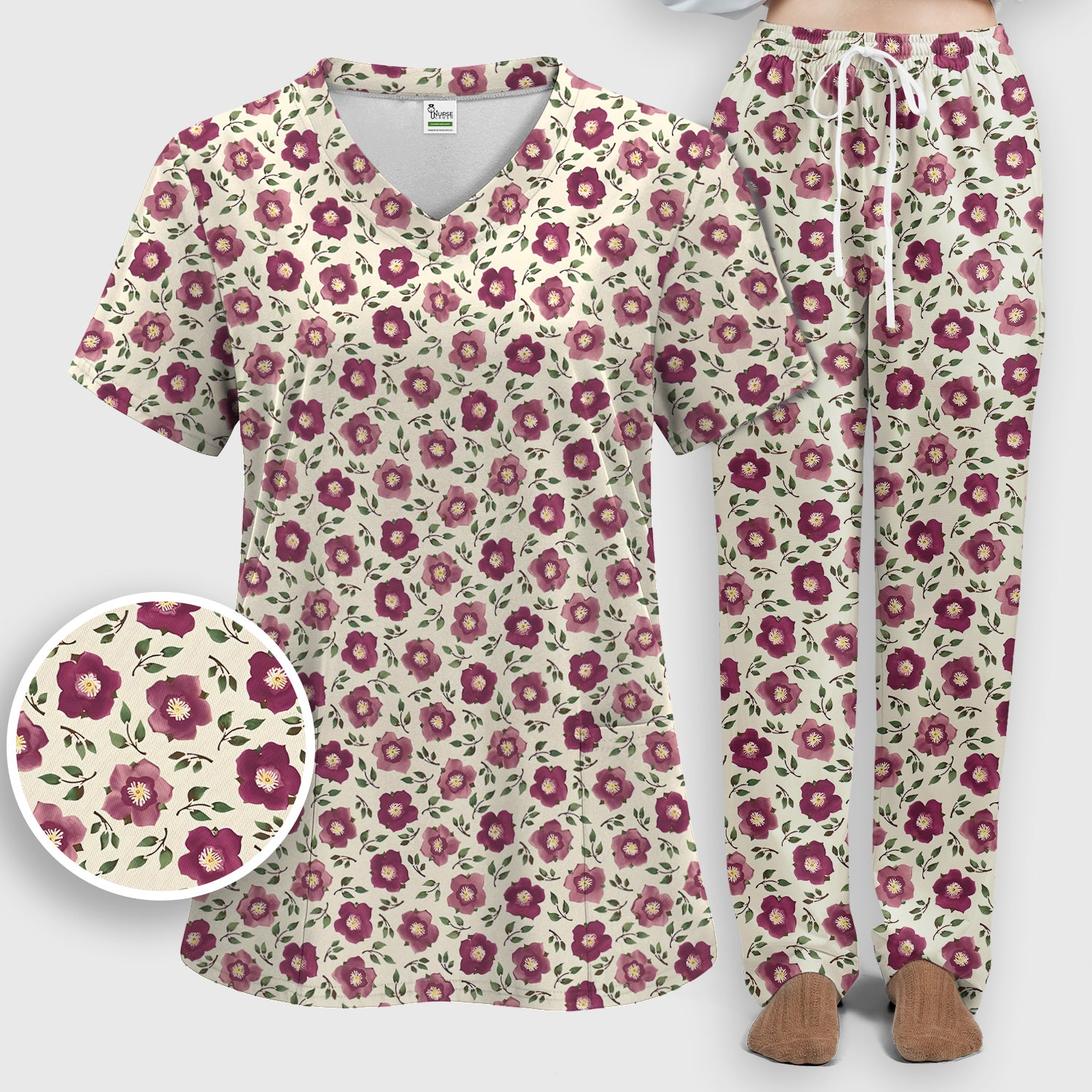 Purple Floral Blossom Leaf Pattern Scrub Set, Scrub Pants and V Neck Top