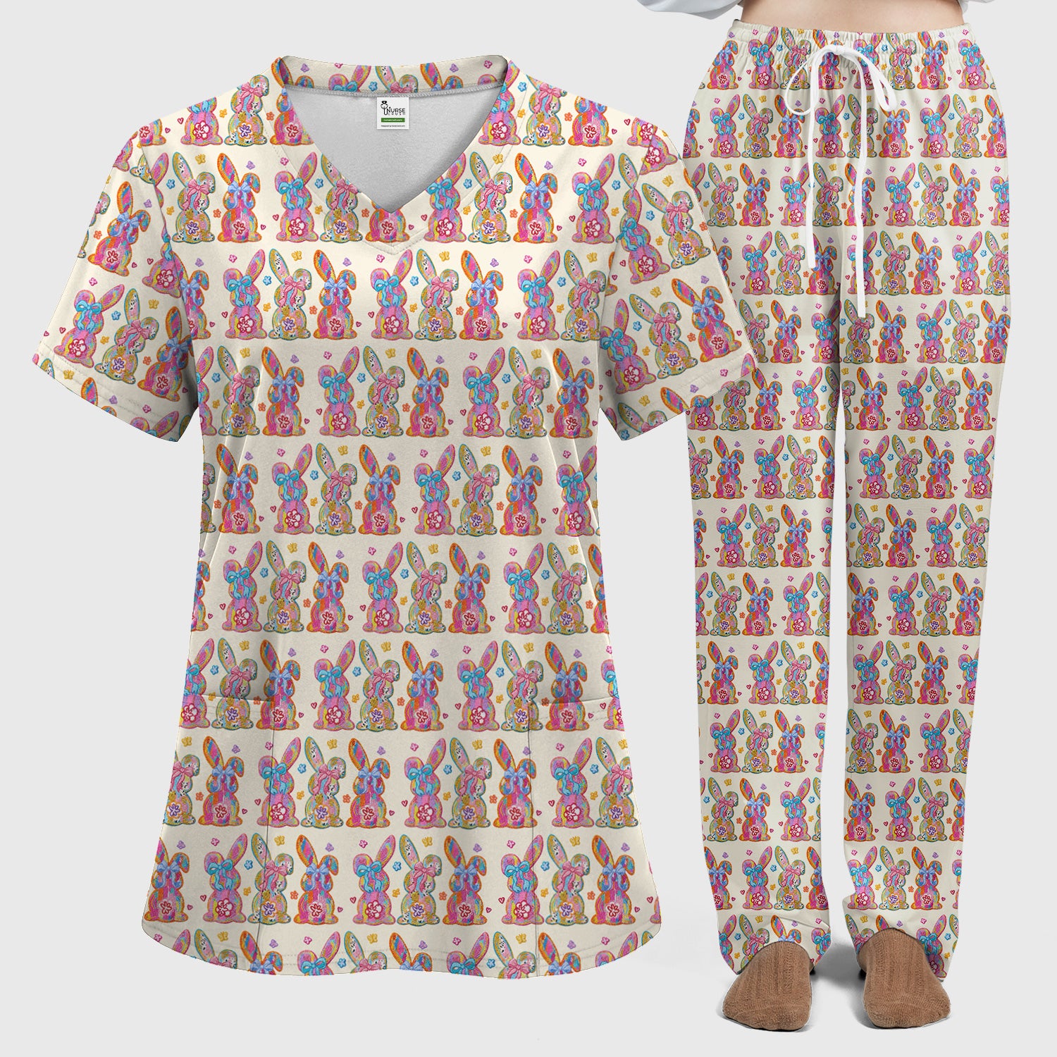 Cute Pastel Bunny Floral Pattern Scrub Set, Breathable Med Uniform