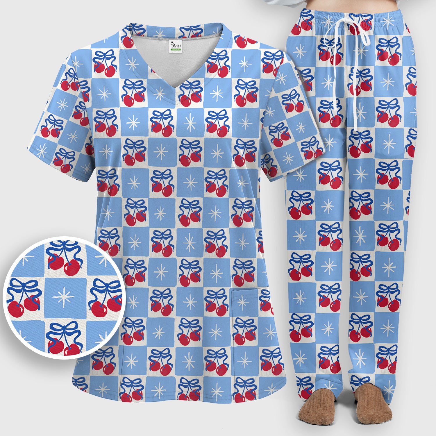 Cute Cherry Bow With Blue Gingham Check Pattern Scrub Set, Scrub Pants and V Neck Top