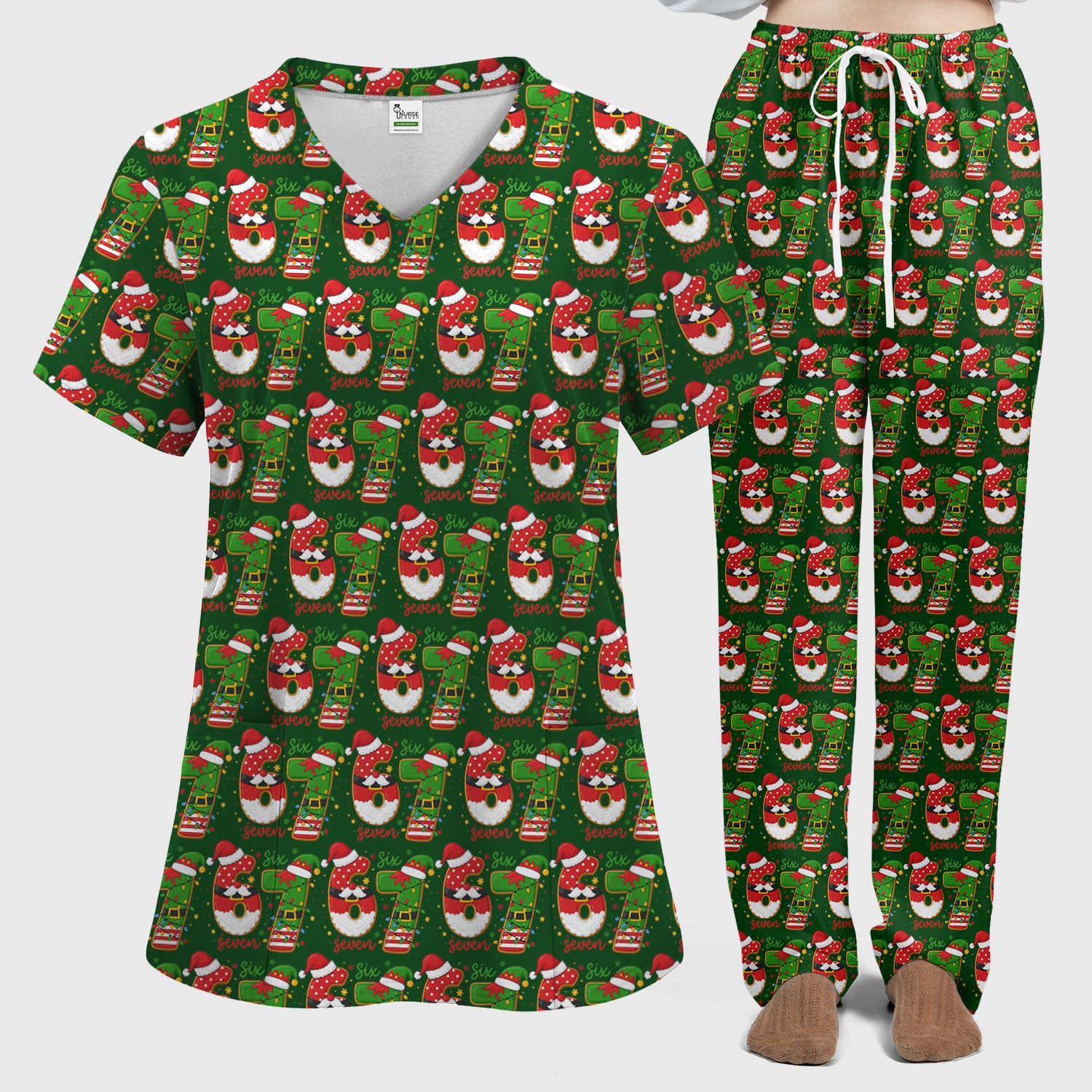 Christmas 67 Pattern Scrub Top, Festive Holiday Medical Uniform Shirt For Nursing