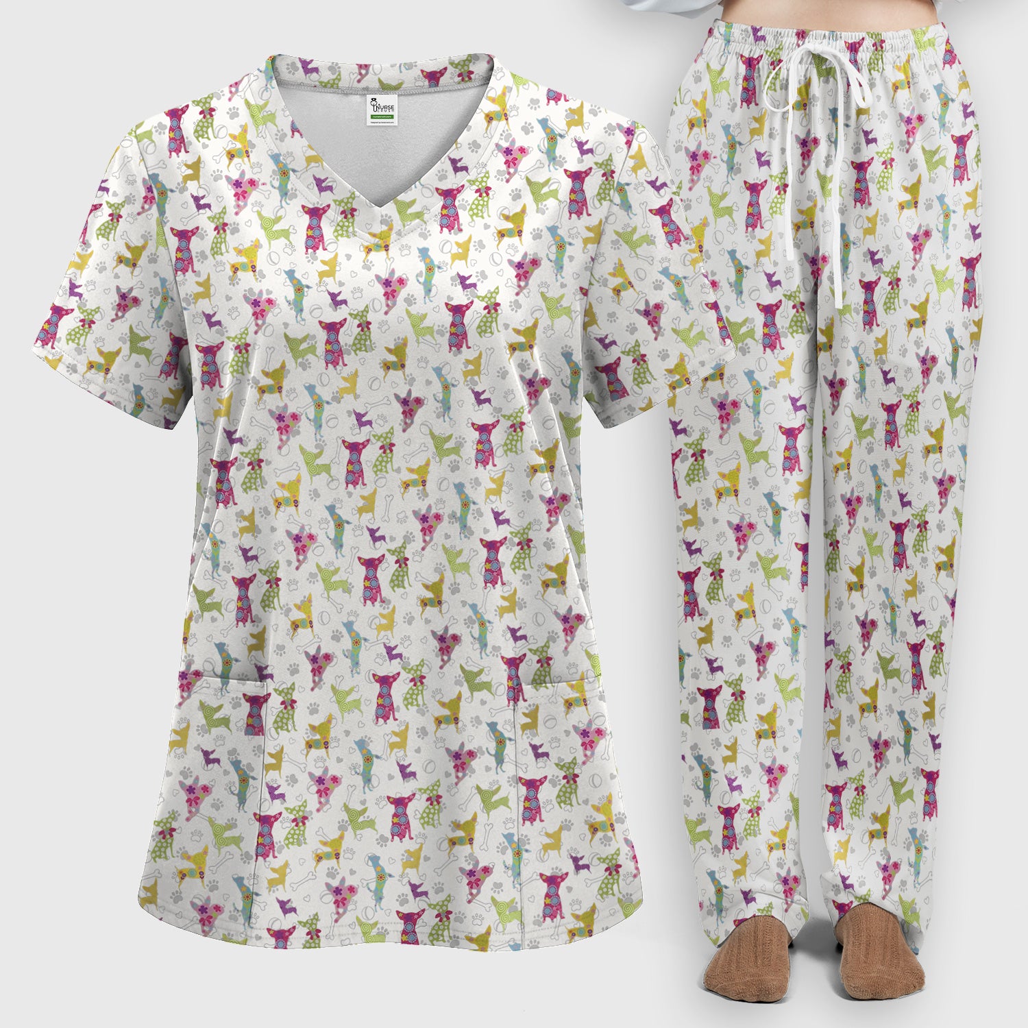 Colorful Playful Dog Print Nurse Scrub Set, Scrub Pants and V Neck Top