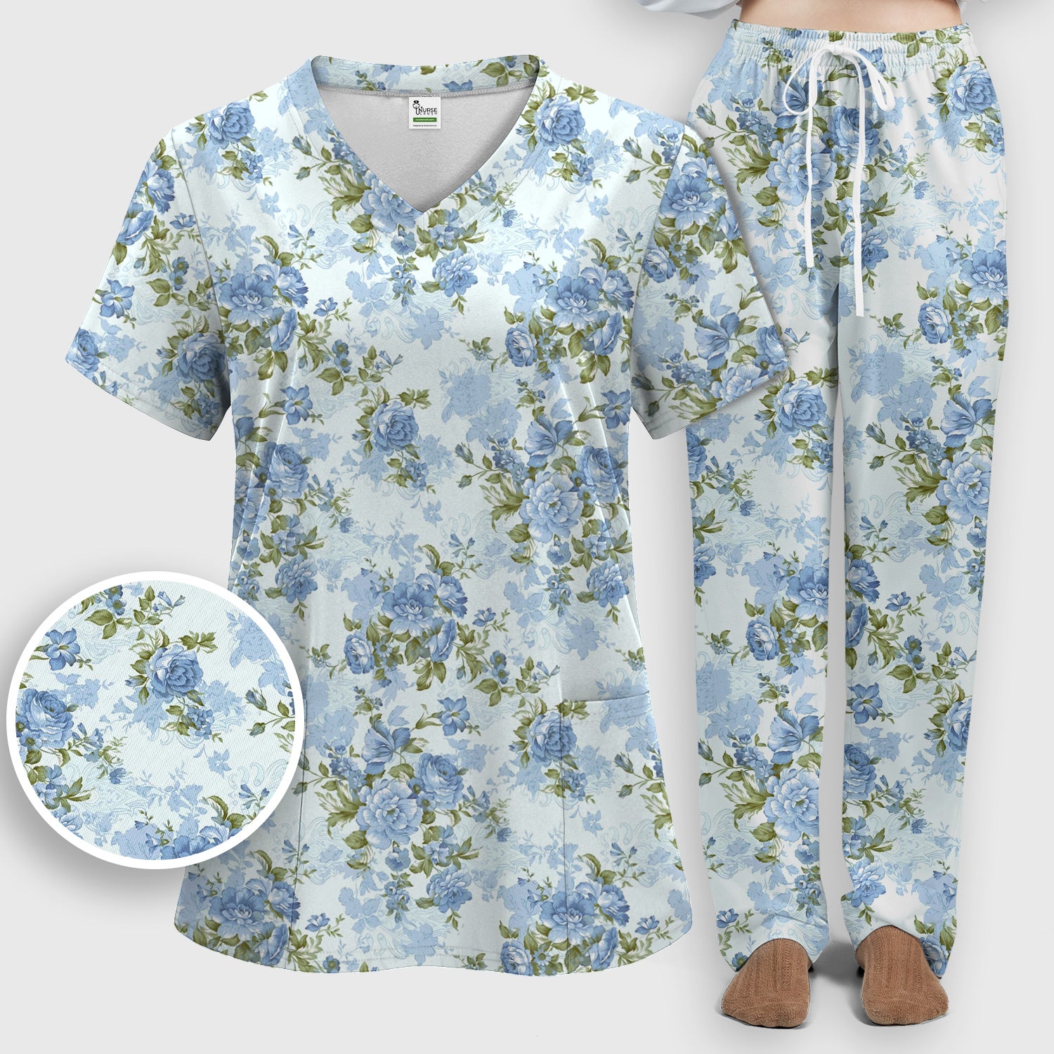 Cute Blue Floral Pattern Scrub Set, Scrub Pants and V Neck Top