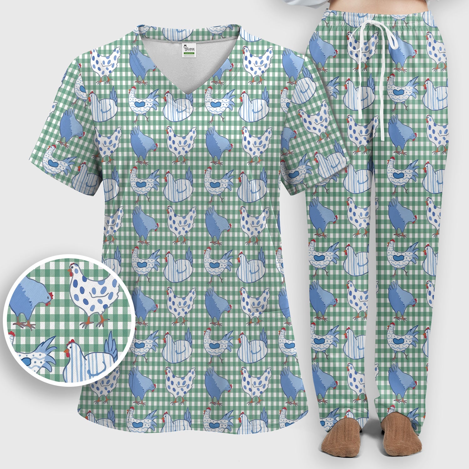 Blue Chicken Gingham Pattern Scrub Set, Scrub Pants and V Neck Top
