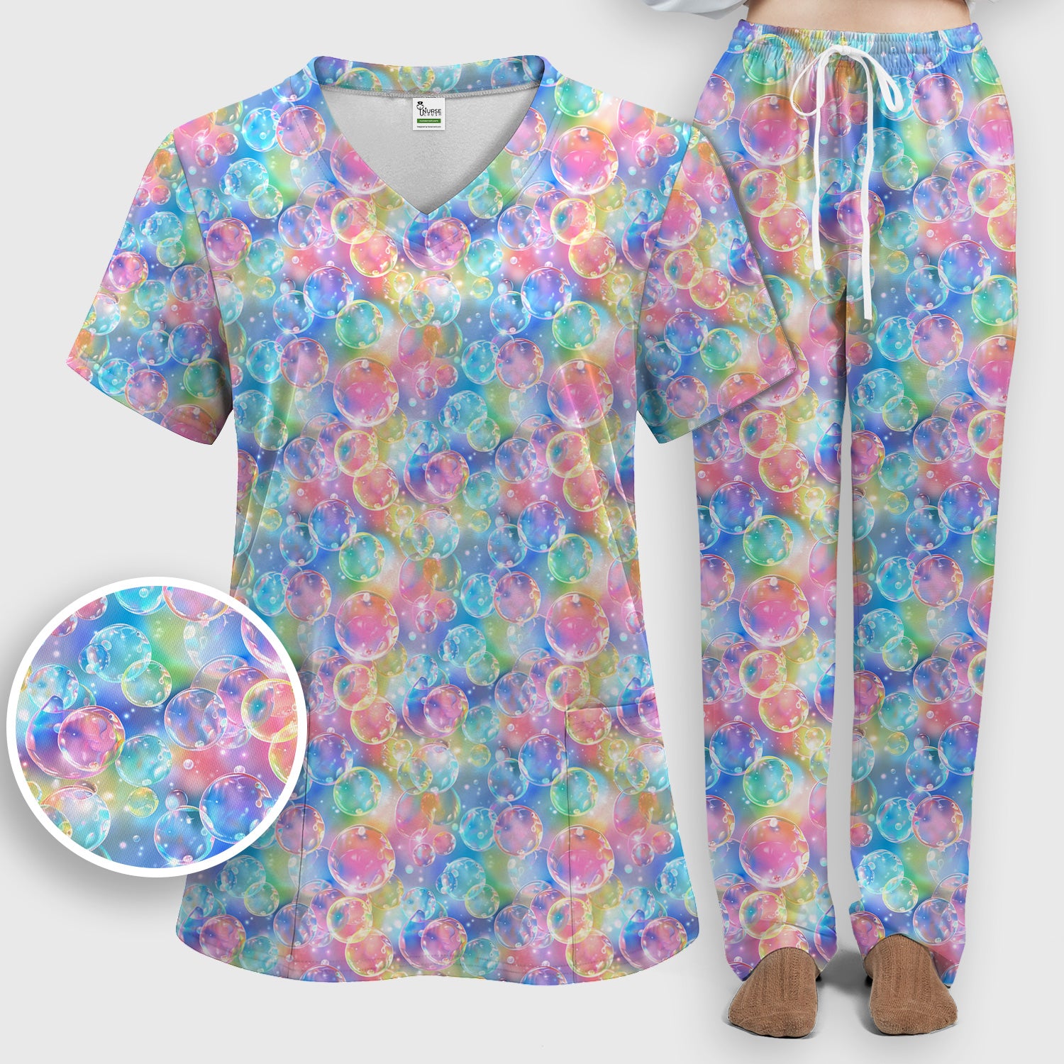 Colorful Floating Soap Bubble Pattern Scrub Set, Scrub Pants and V Neck Top