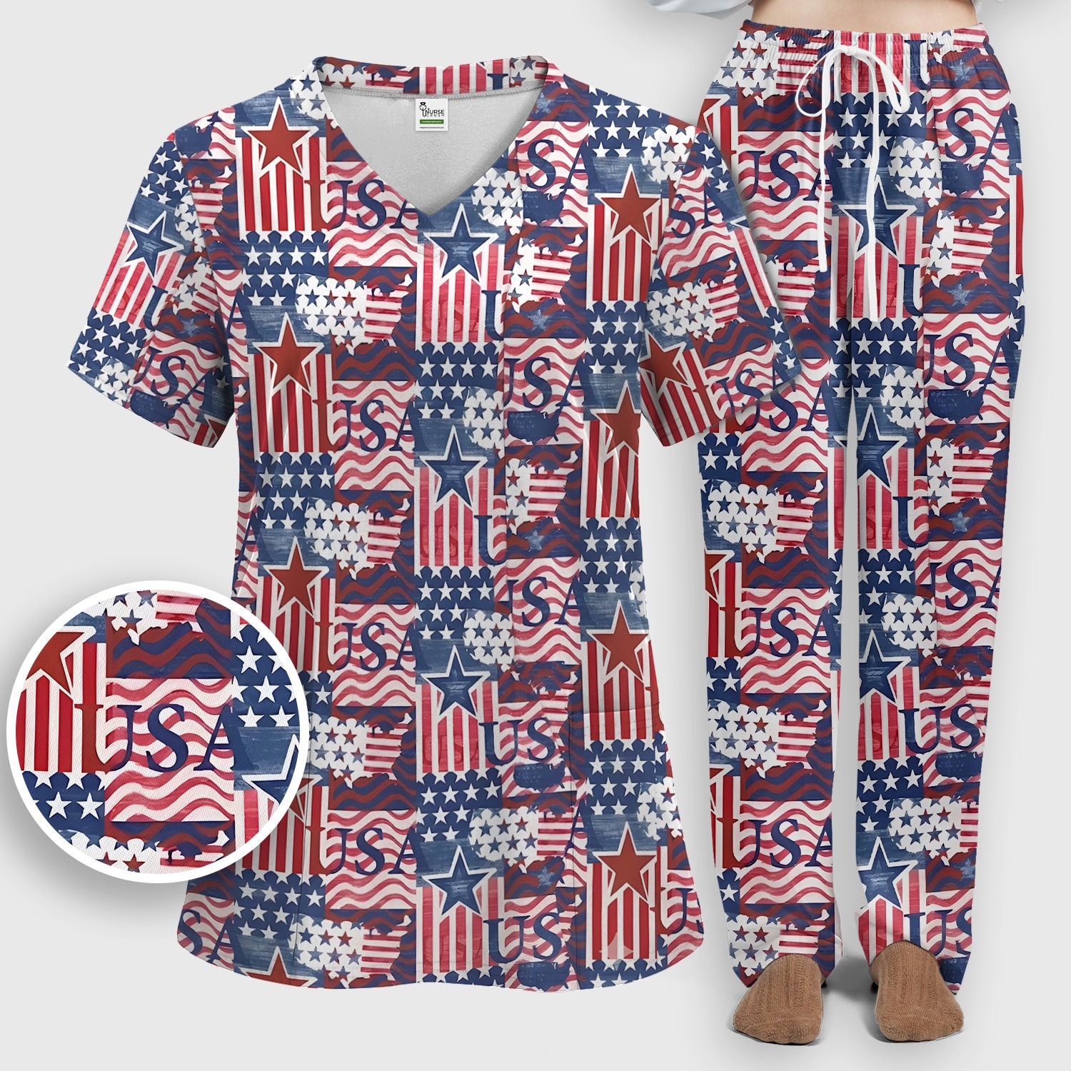 Patriotic USA Star Patchwork Pattern Scrub Set, Scrub Pants and V Neck Top