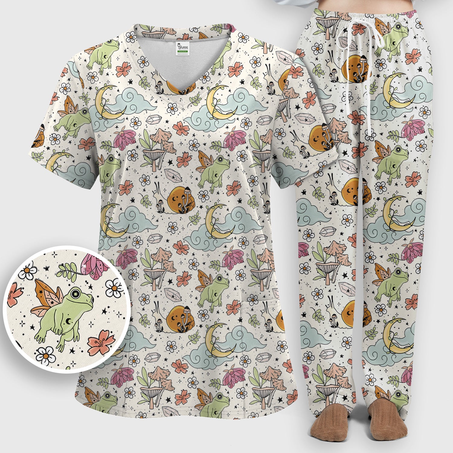 Whimsical Frog Moon Mushroom Pattern Scrub Set, Fantasy Nature Print, Breathable Med Uniform