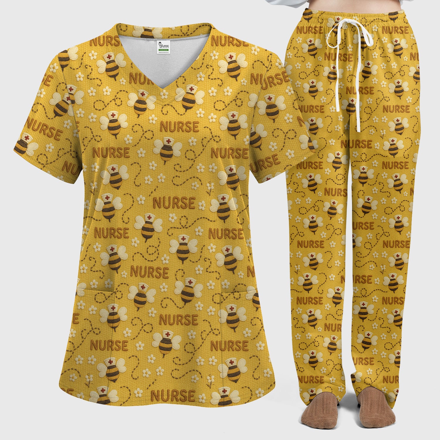 Honey Bee Nurse Scrub Set – Cute Bumblebee Medical Pattern – Cheerful Uniform for Nurses, Vets and Healthcare Workers