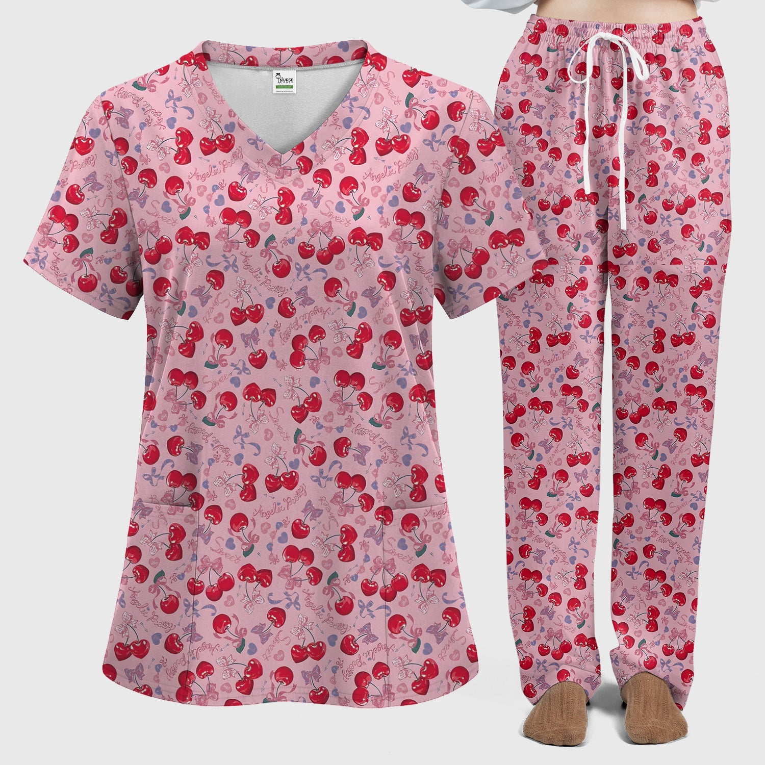 Cherry Blossom Scrub Set, Sweet Pink Nursing Uniform For Women