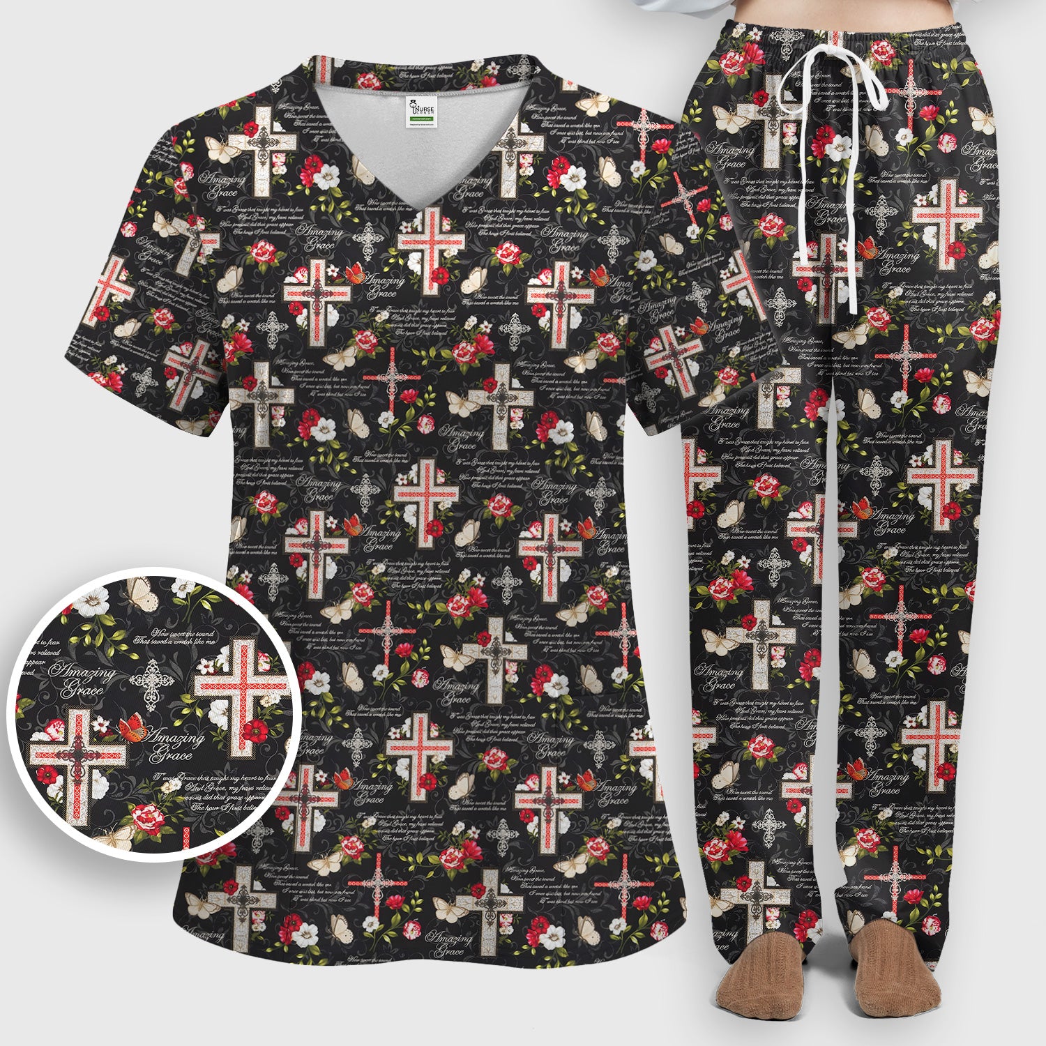 Christian Cross Roses And Butterflies Print Scrub Set, Scrub Pants and V Neck Top