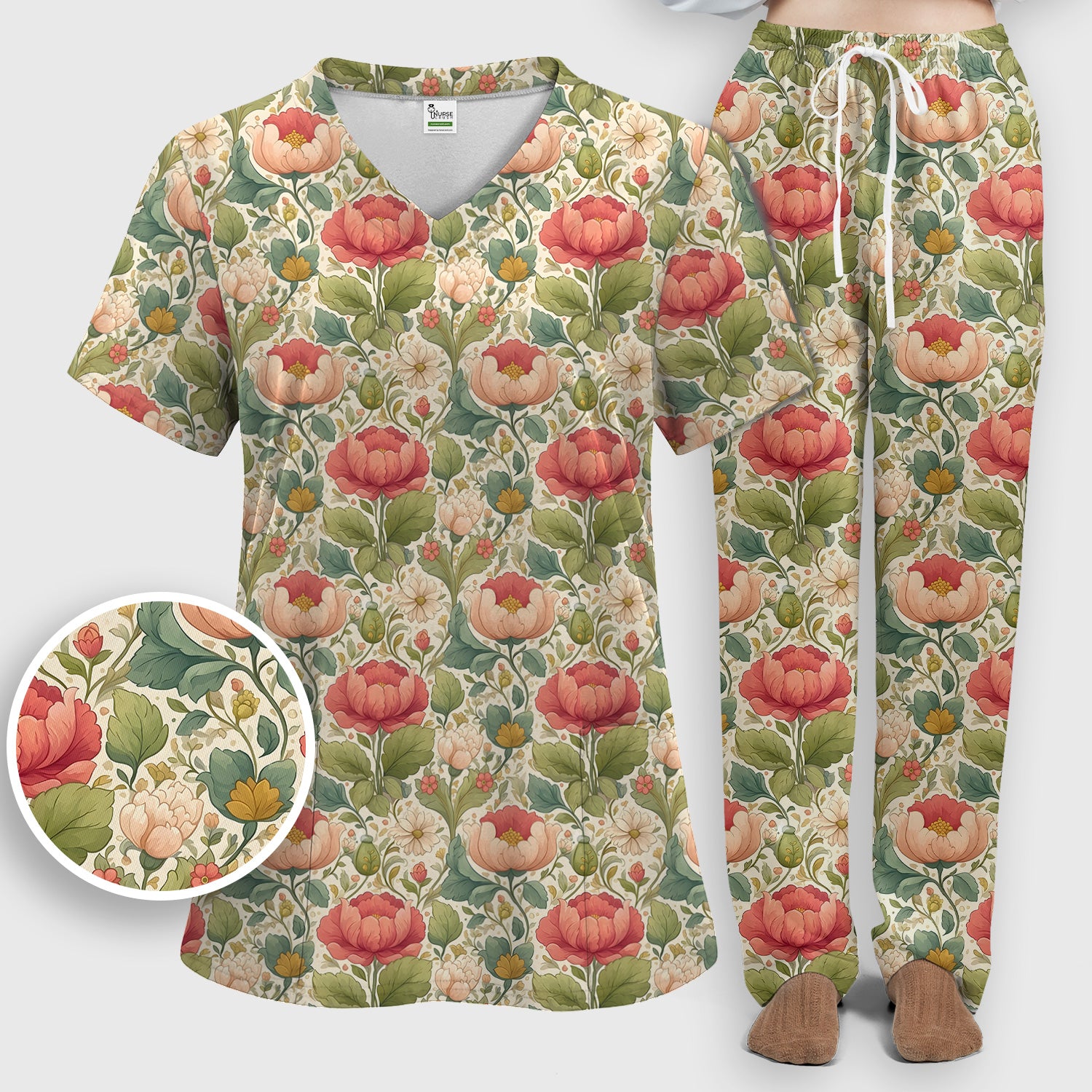Vintage Botanical Peony Floral Pattern Scrub Set, Scrub Pants and V Neck Top