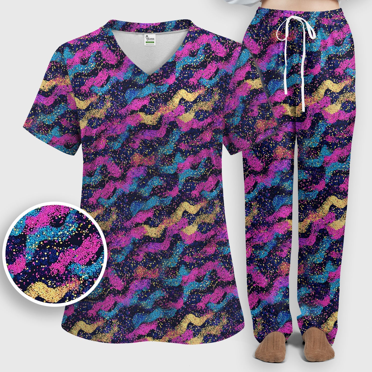 Neon Glitter Galaxy Wavy Pattern Scrub Set, Scrub Pants and V Neck Top