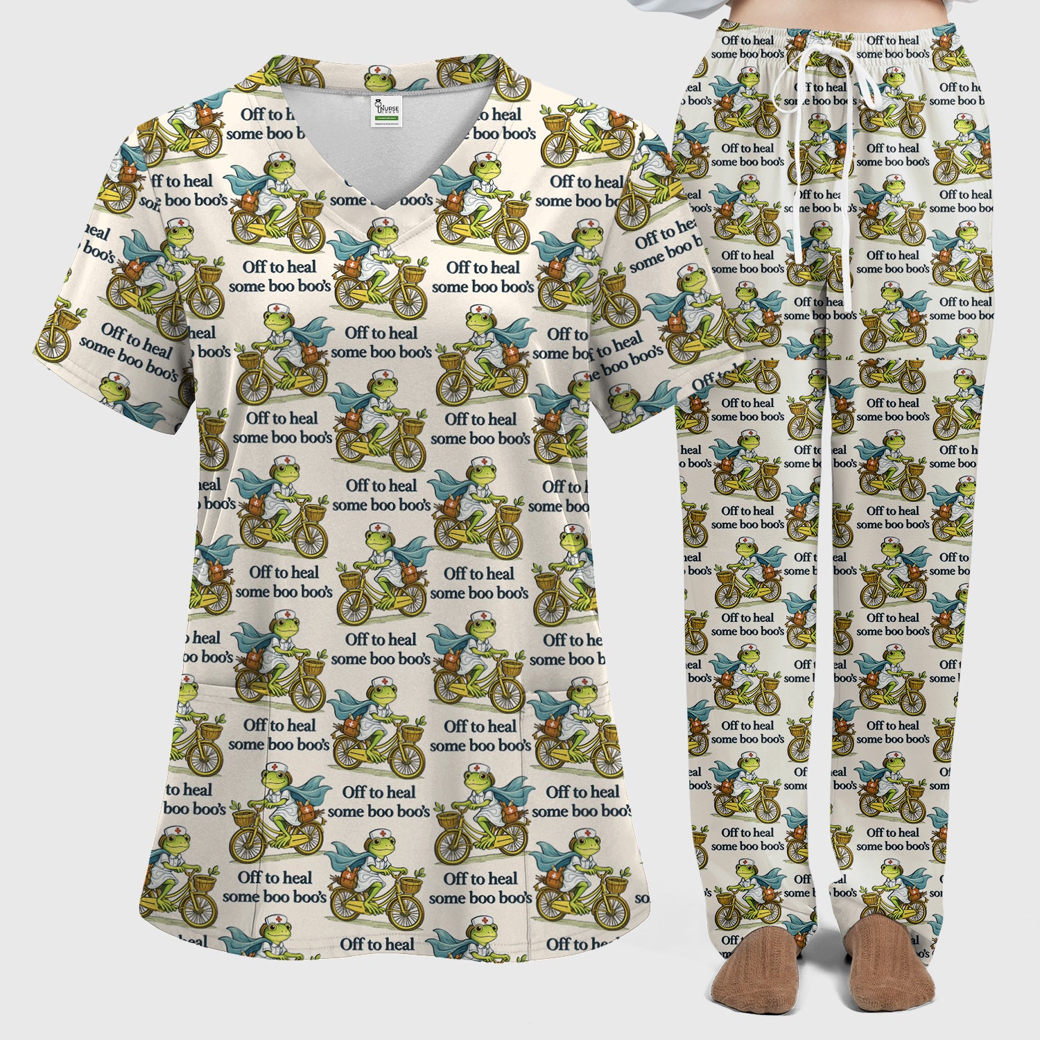 Funny Frog Nurse Cycling Pattern Scrub Set, Scrubs Pants and V Neck Top