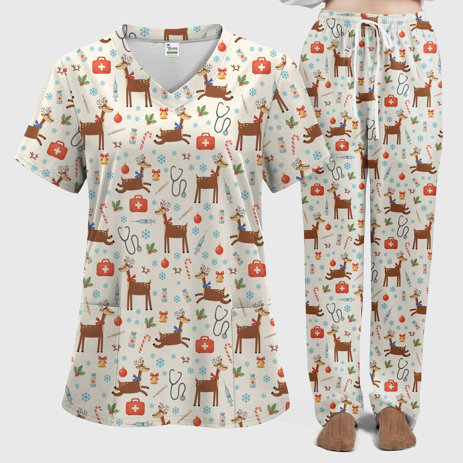 Reindeer Christmas Scrub Set - Snowflakes Candy Canes Holiday Scrubs Pants and V Neck Top - Xmas Gift for Women RN CNA LPN