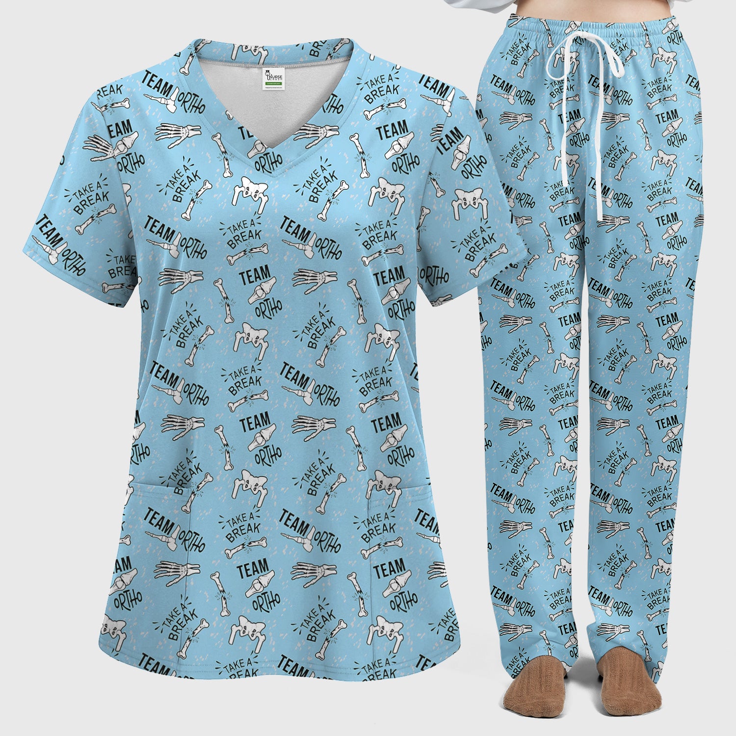Team Ortho Bone Joint Print Scrub Set, Scrub Pants and V Neck Top