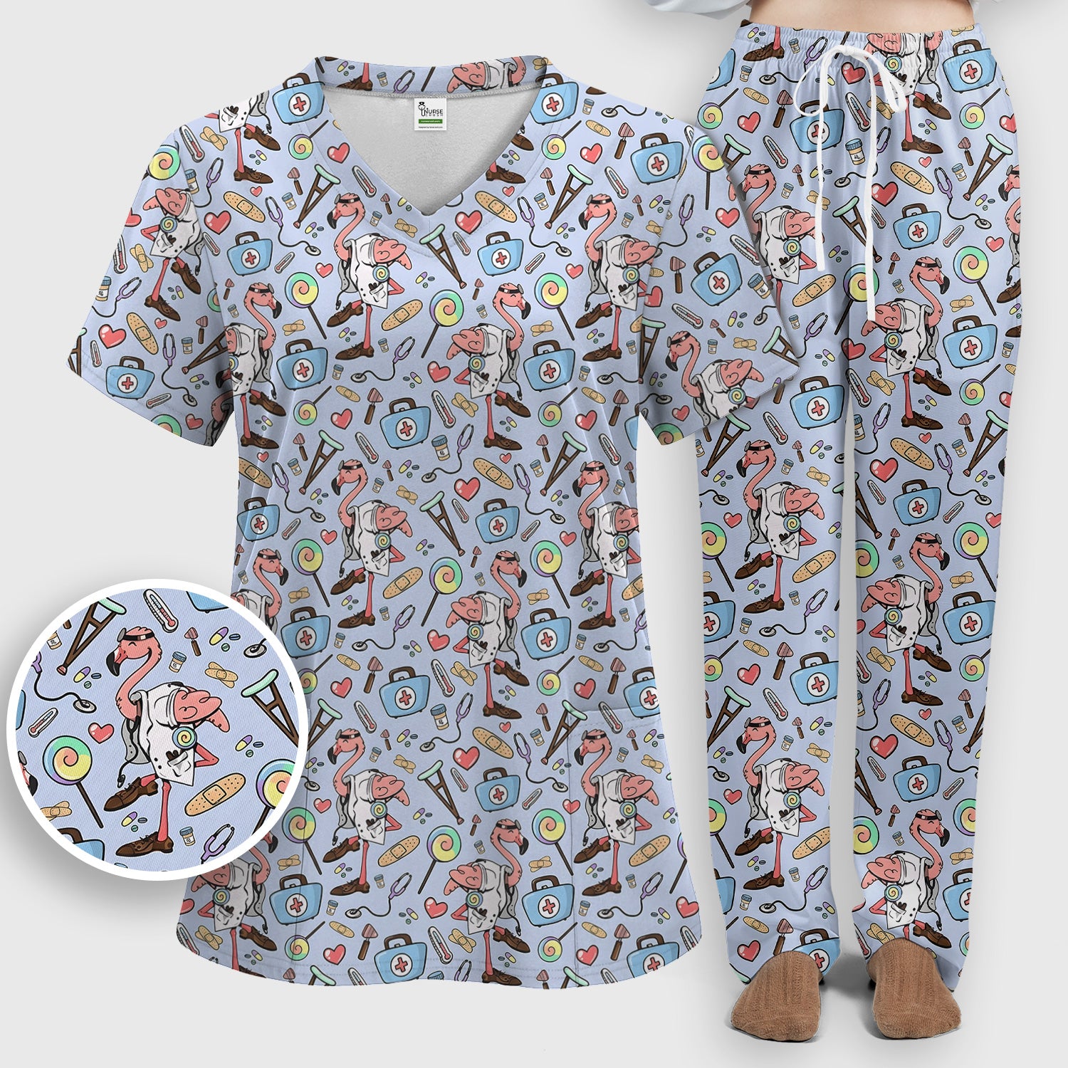 Flamingo Nurse Medical Care Pattern Scrub Set, Scrub Pants and V Neck Top