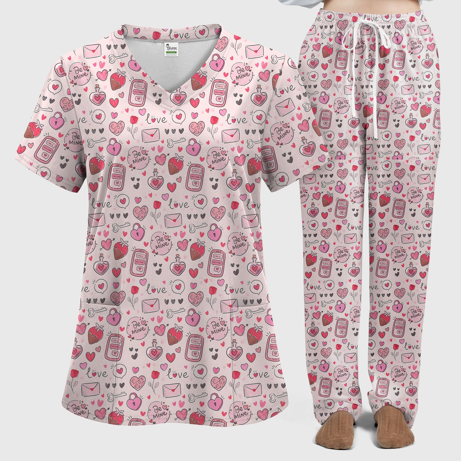 Be Mine Heart Pattern Pattern Scrub Set, Pink Valentine Pattern Nursing Uniform For Women