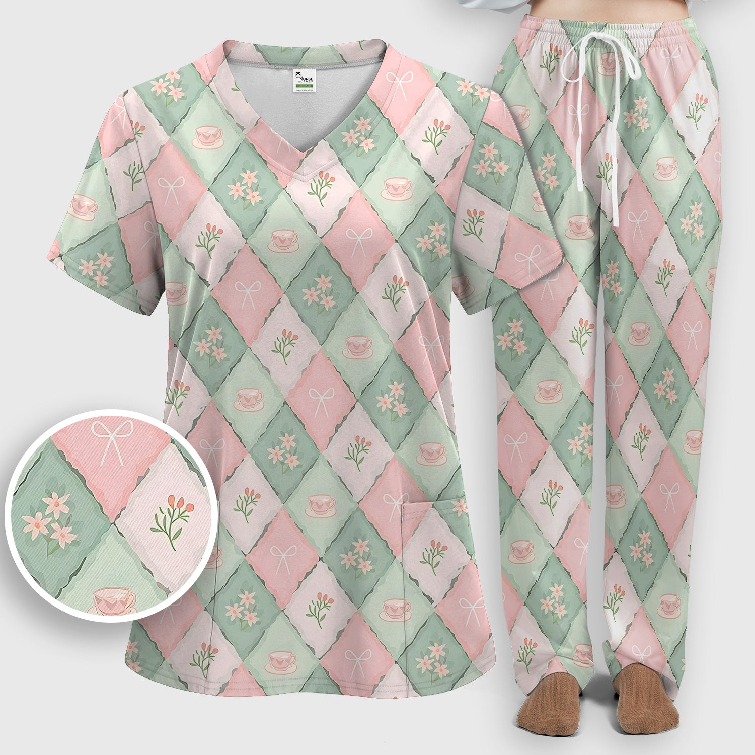 Flowers Tea Cups Pattern Scrubs Sets, Scrub Pants and V Neck Top