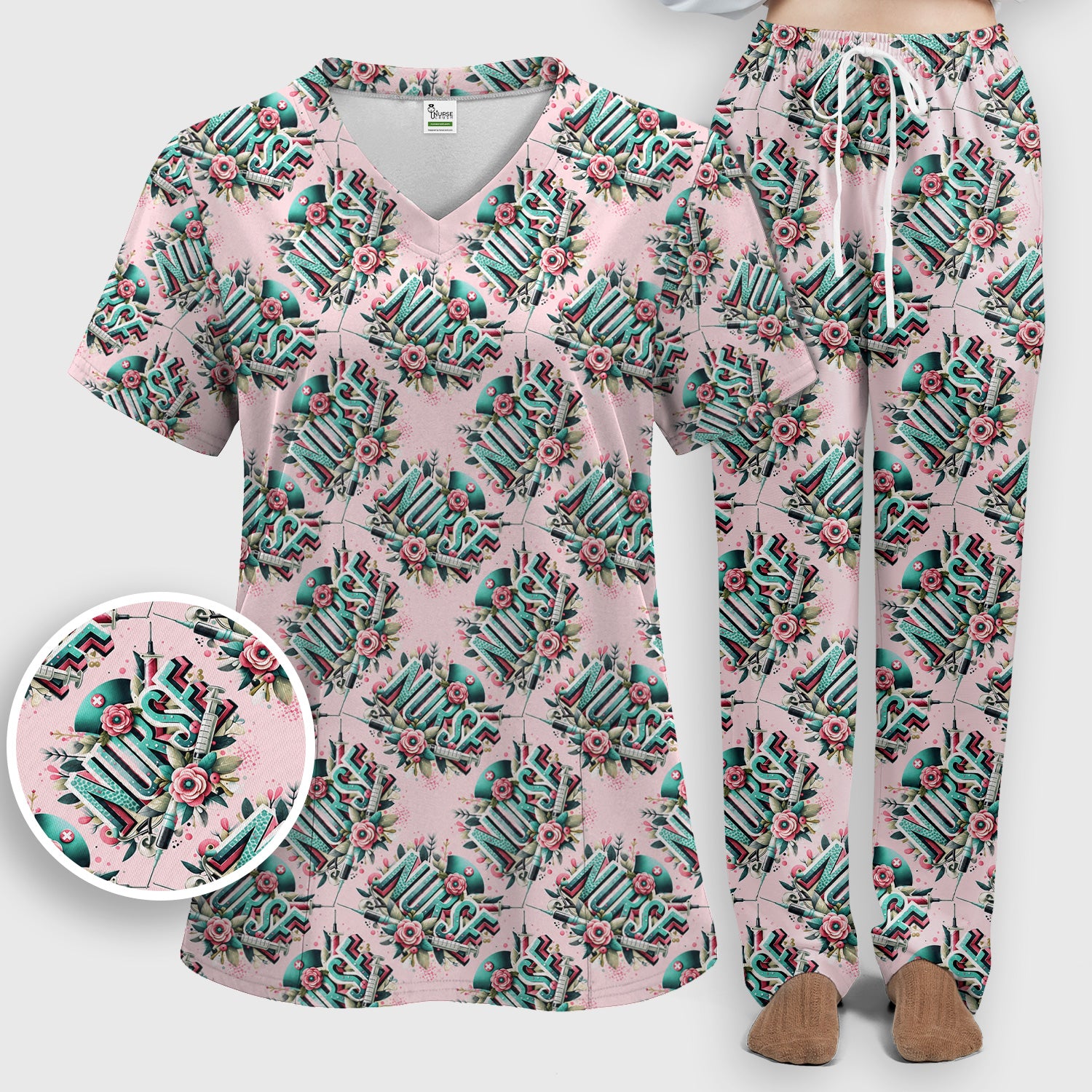 Cute Nurse Typography Floral Medical Pattern Scrub Set, Scrub Pants and V Neck Top