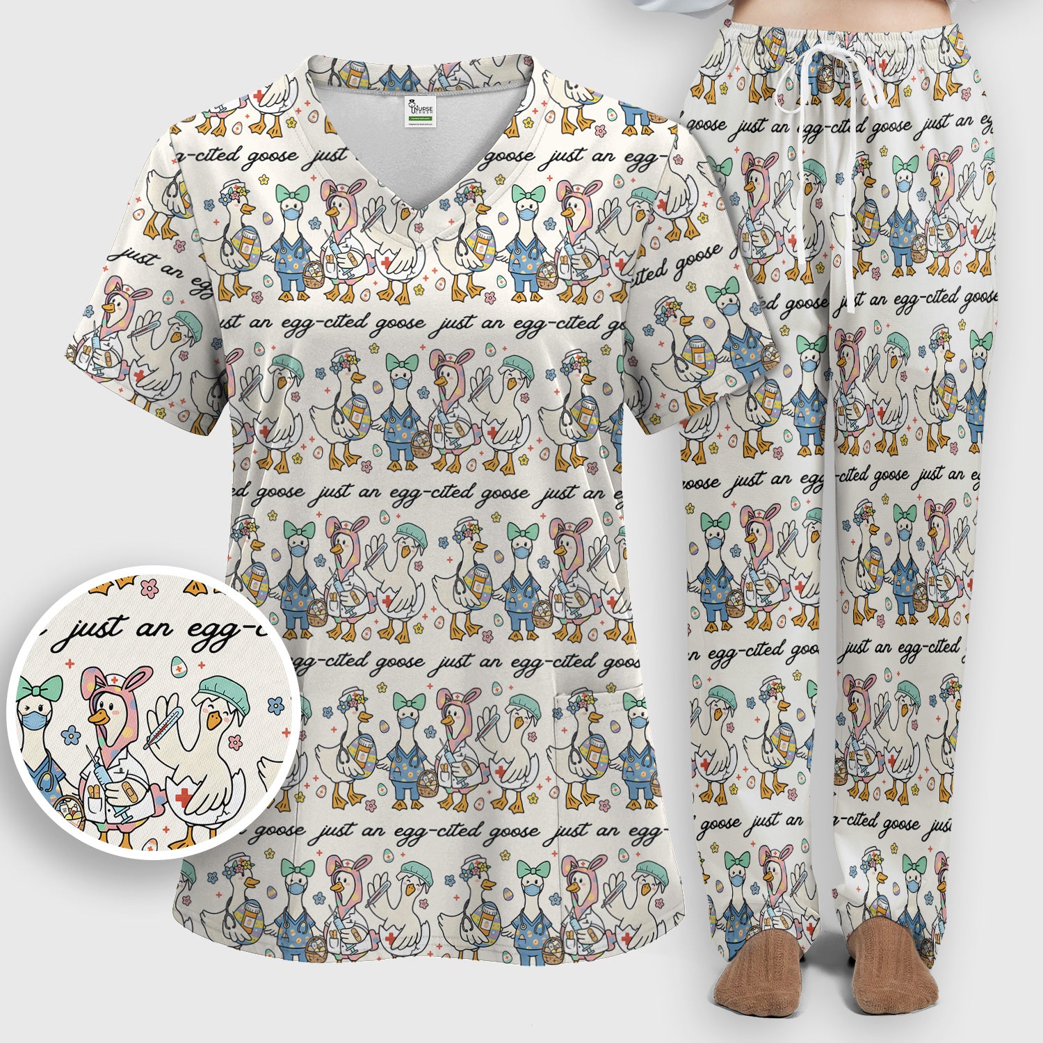 Funny Easter Nurse Goose Pattern Scrub Set, Scrub Pants and V Neck Top