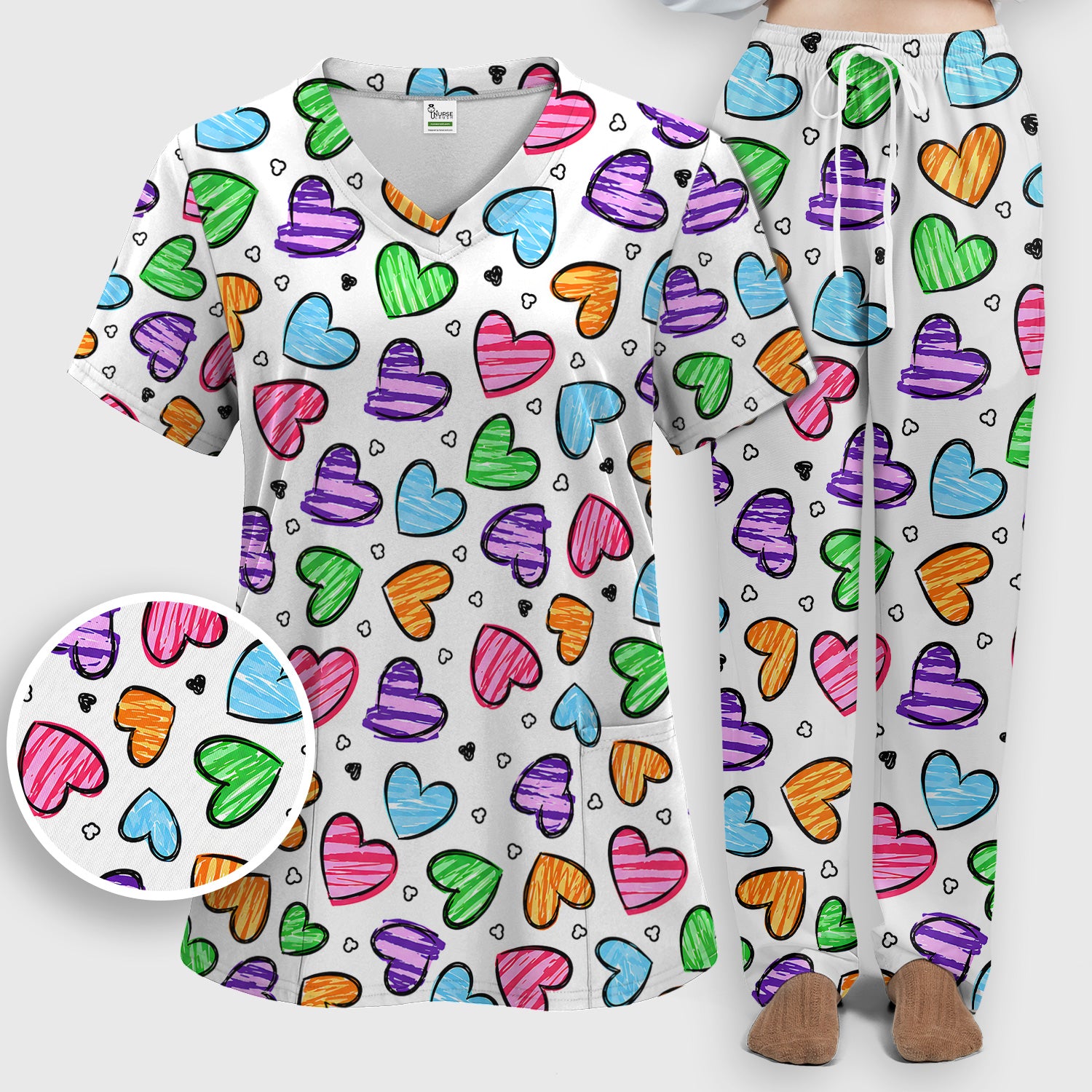 Colorful Doodle Heart Pattern Scrub Set, Scrub Pants and V Neck Top