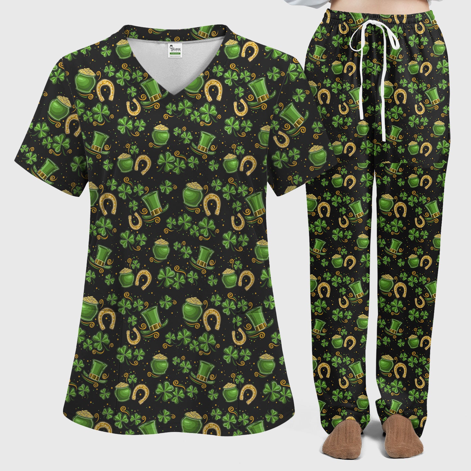 St. Patrick Shamrock Print Scrub Set, Scrub Pants and V Neck Top