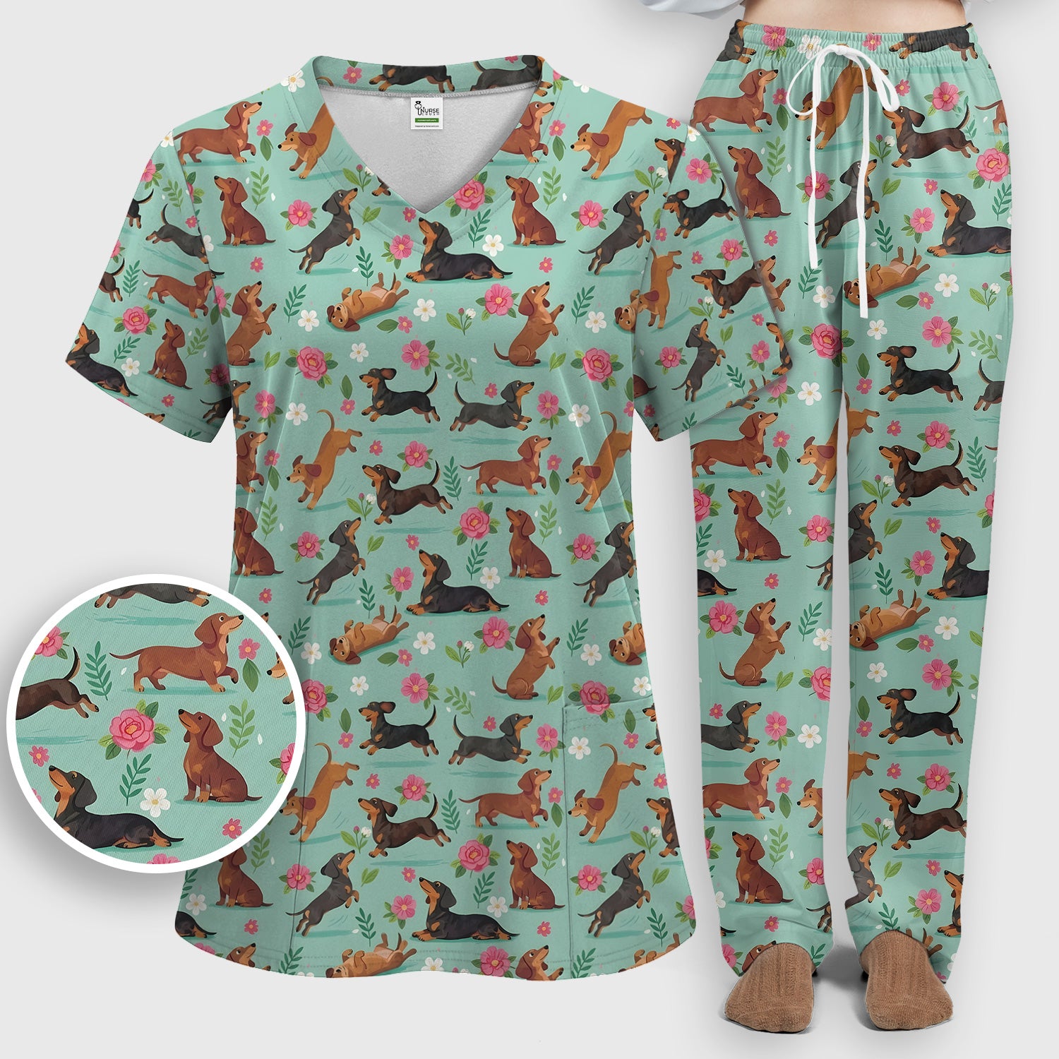 Cute Floral Dachshund Puppy Pattern Scrub Set, Scrub Pants and V Neck Top