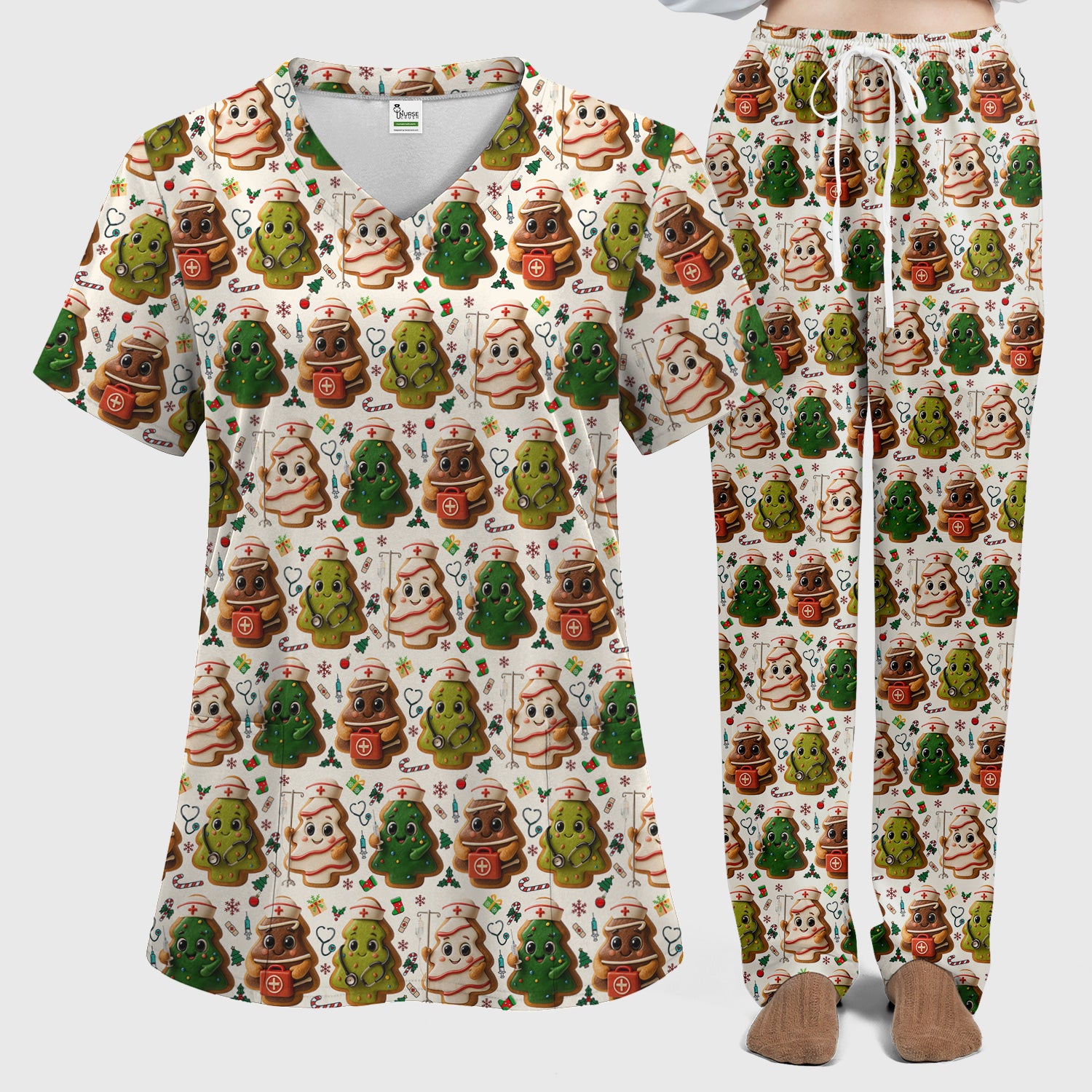 Christmas Cookie Scrub Set – Festive Nurse & Holiday Tree Pattern – Cute Medical Uniform for Nurses, Vets and Healthcare Workers