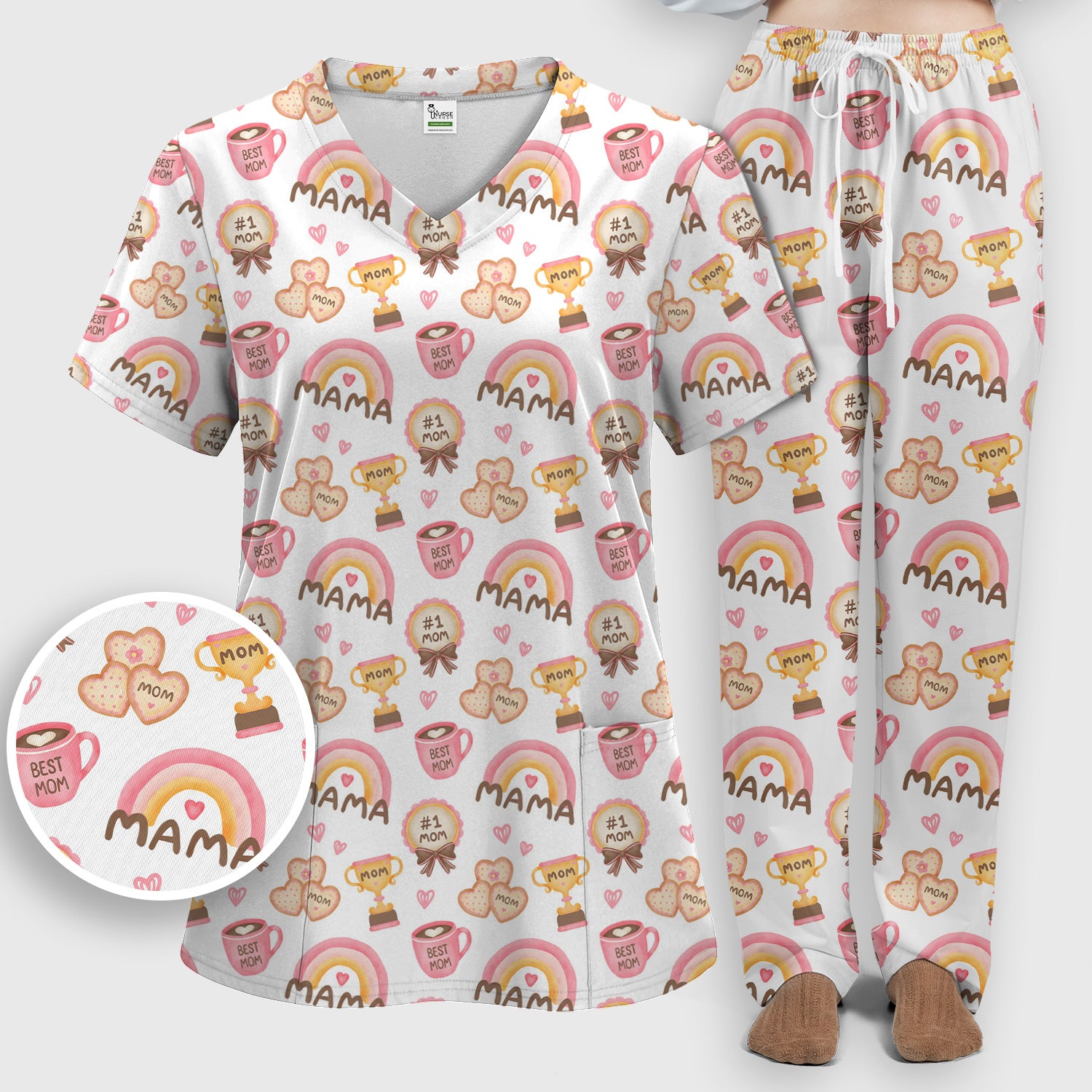 Sweet Nurse Mama Rainbow Trophy Heart Pattern Scrub Set, Scrub Pants and V Neck Top