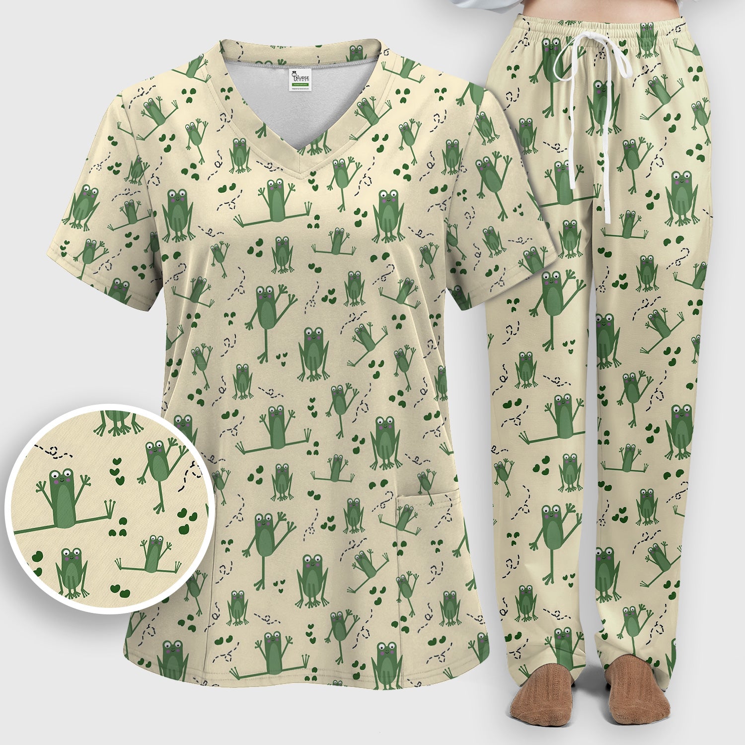 Frog Jumping Footprint Trail Pattern Scrub Set, Scrub Pants and V Neck Top