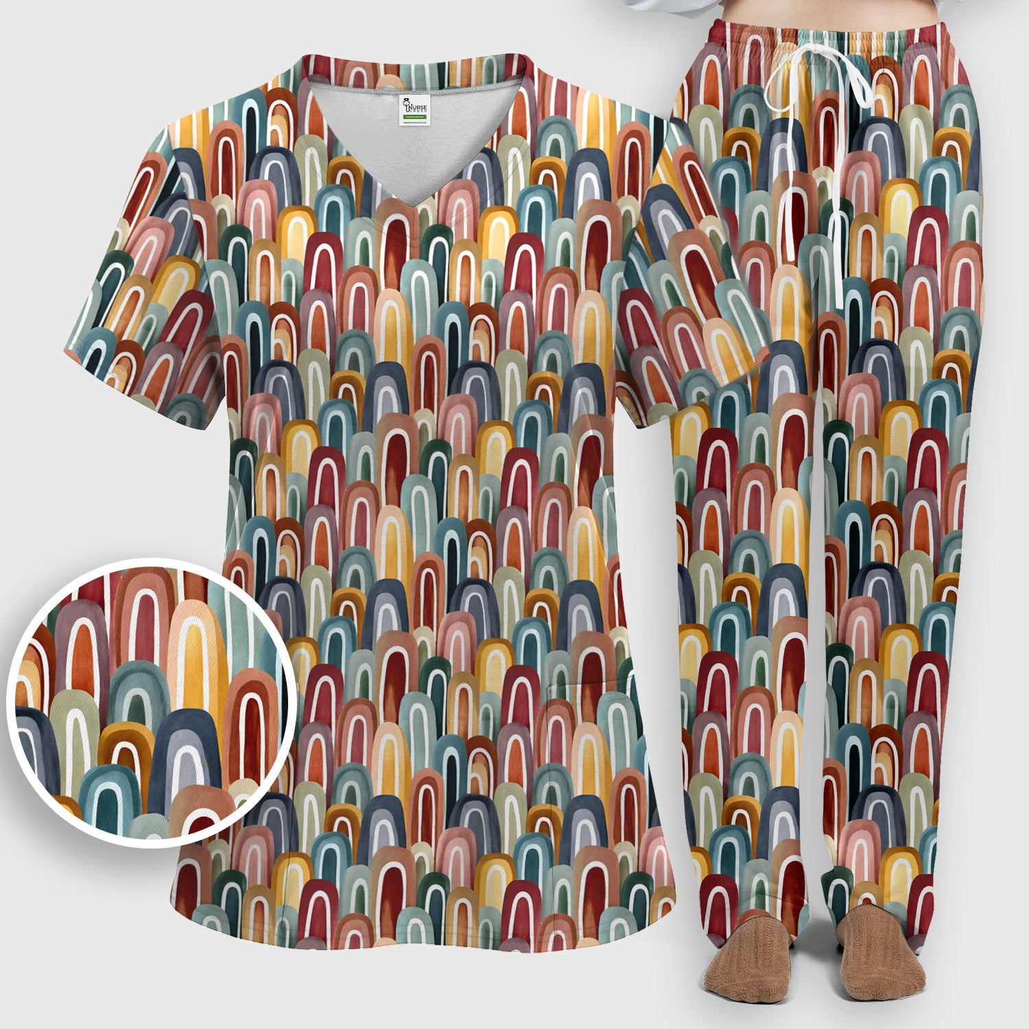 Retro Boho Rainbow Arch Pattern Scrub Set, Scrub Pants and V Neck Top