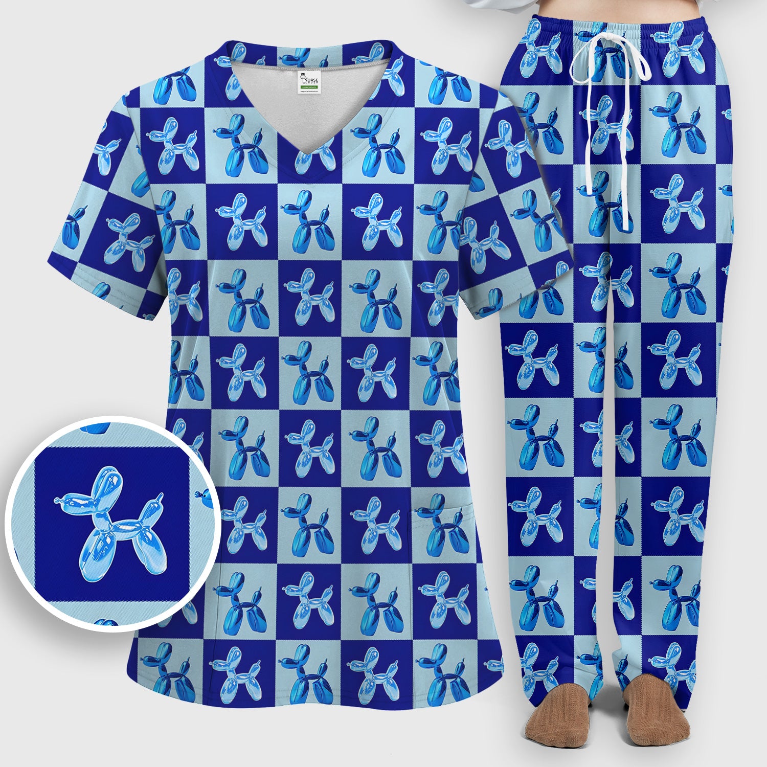 Cute Blue Balloon Dog Checkered Pattern Scrub Set, Women's Scrub Sets