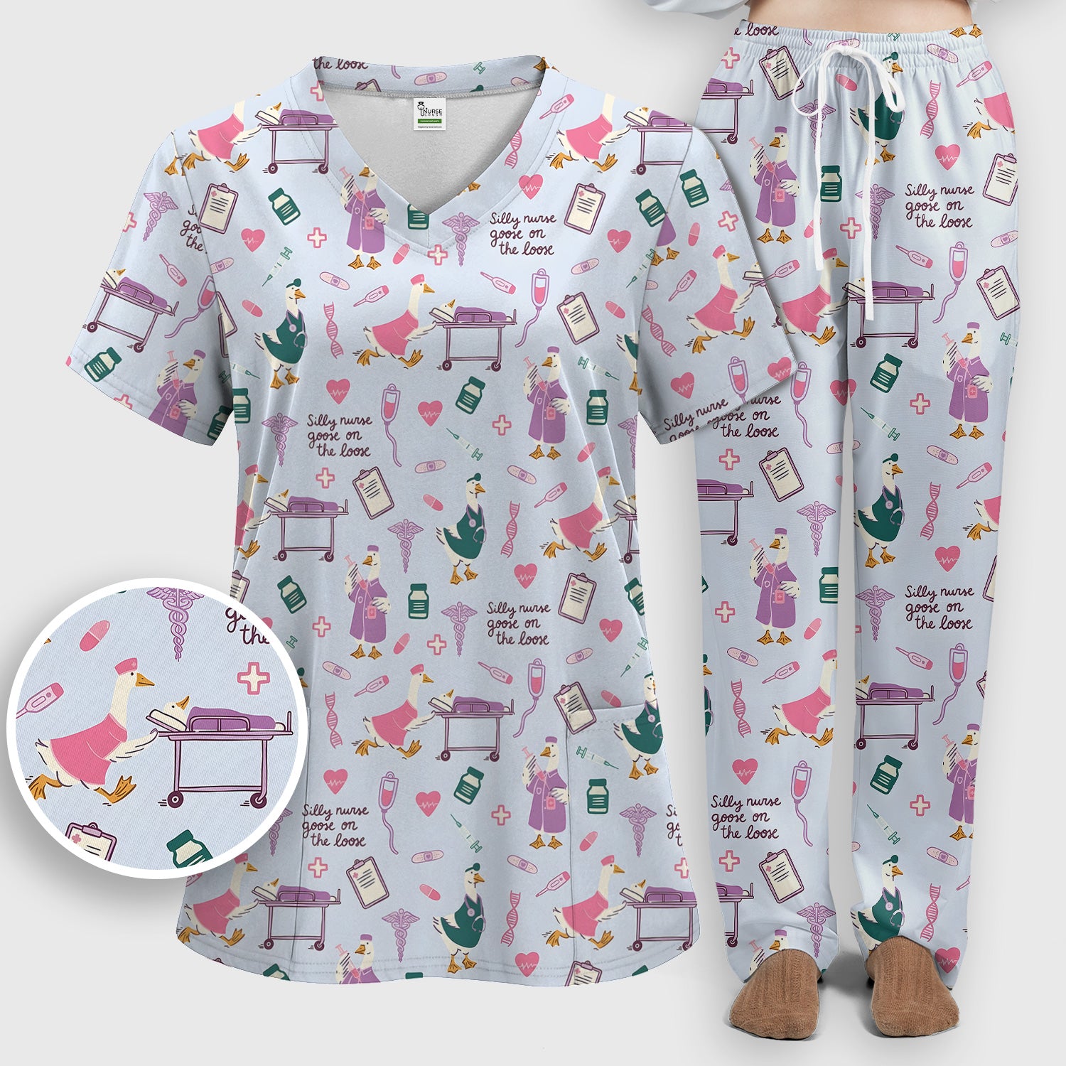 Goose Medical Humor Tools Pattern Scrub Set, Scrub Pants and V Neck Top