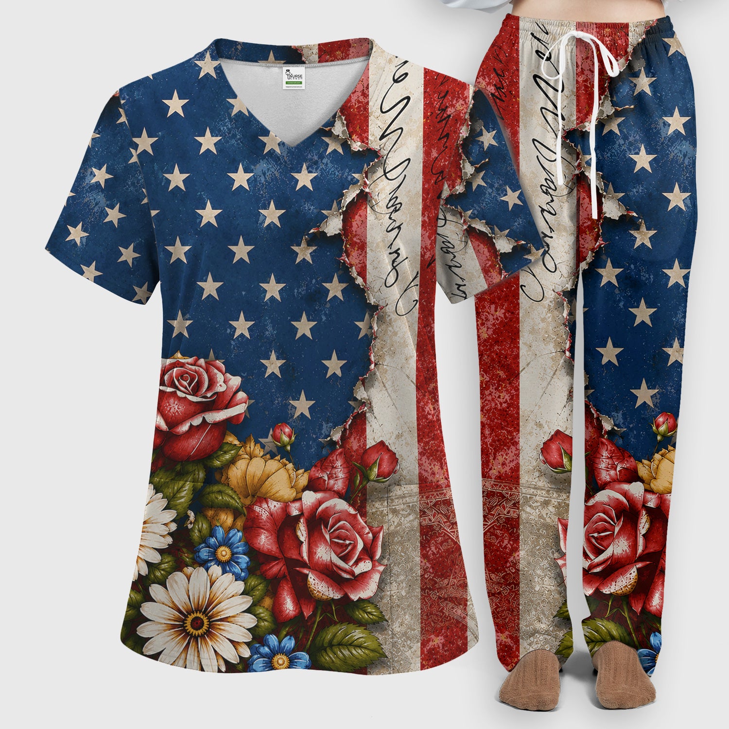 American Flag Vintage Rose Floral Pattern Scrub Set, Scrub Pants and V Neck Top
