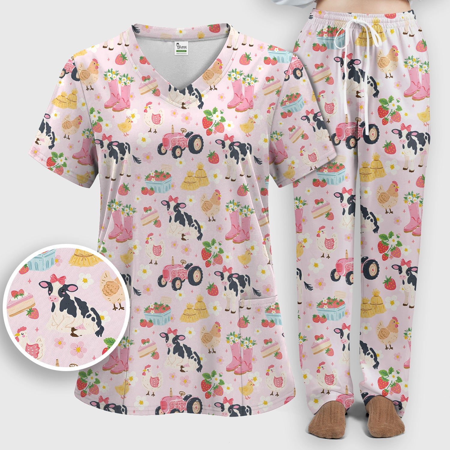 Cute Farm Animals & Strawberry Garden Pattern Scrub Set, Scrub Pants and V Neck Top