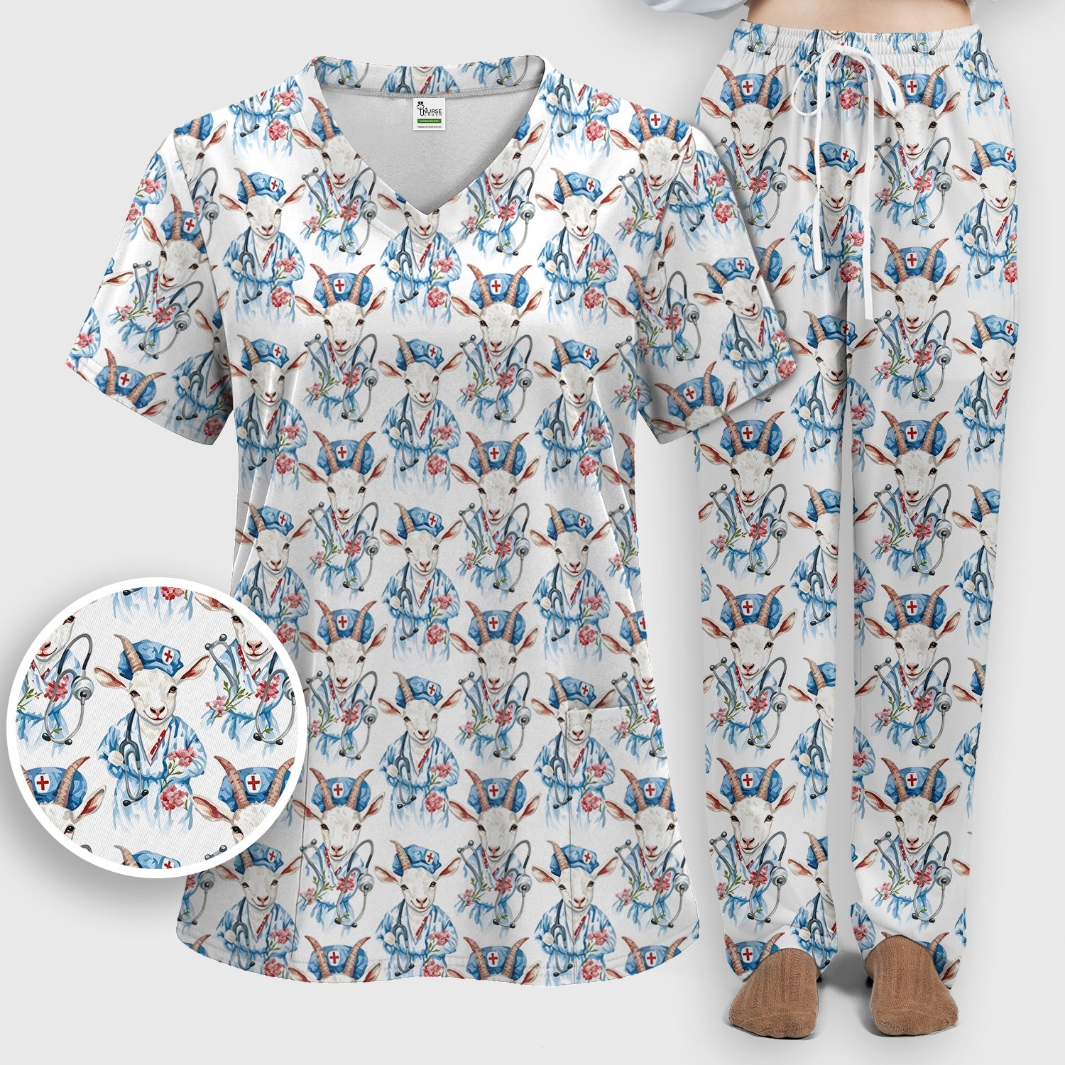 Cute Goat Animal Lover Pattern Scrub Set, Scrub Pants and V Neck Top