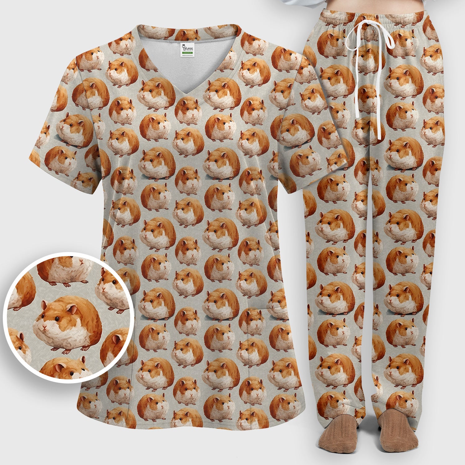 Cute Hamster Pattern Nurse Scrub Set, Scrub Pants and V Neck Top