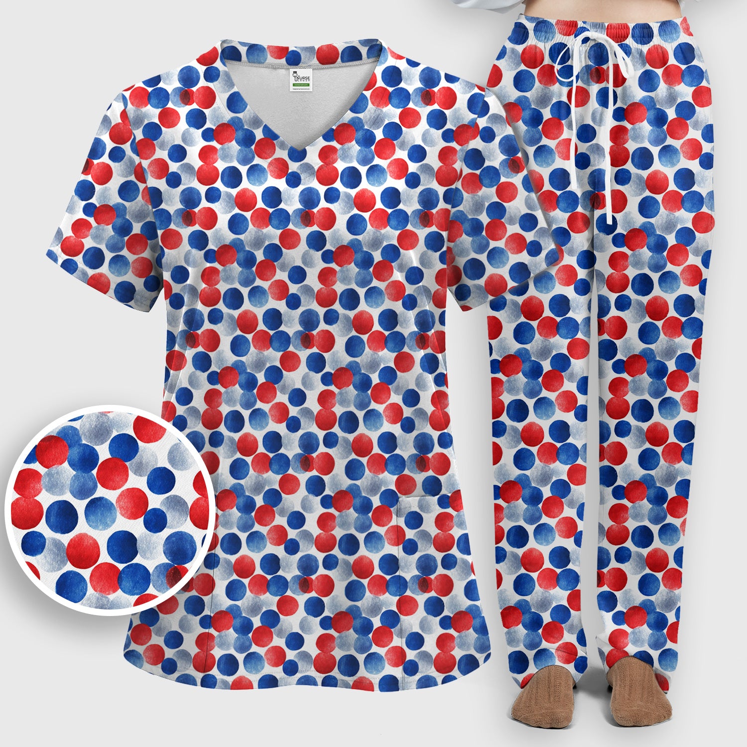 4th of July Patriotic Polka Dot Pattern Scrub Set, Scrub Pants and V Neck Top