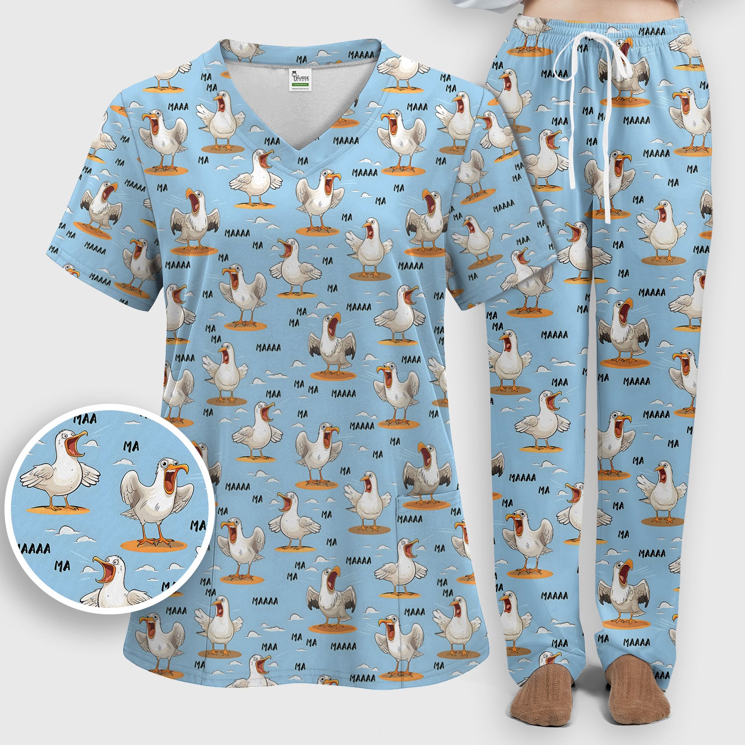 Funny Screaming Seagull Sky Pattern Scrub Set, Scrub Pants and V Neck Top