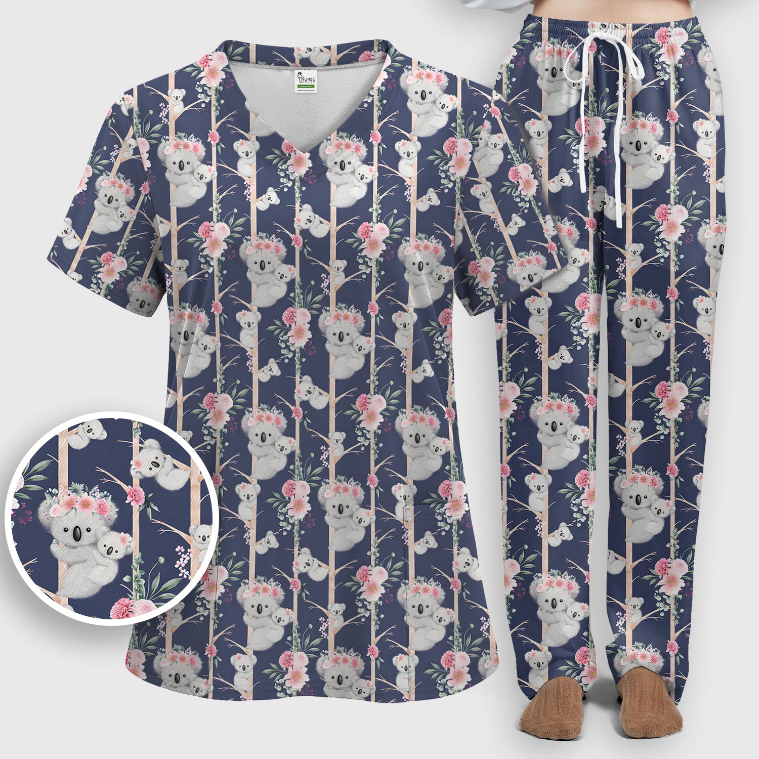 Cute Koala Climbing Tree Blossom Pattern Nurse Scrub Set, Scrub Pants and V Neck Top