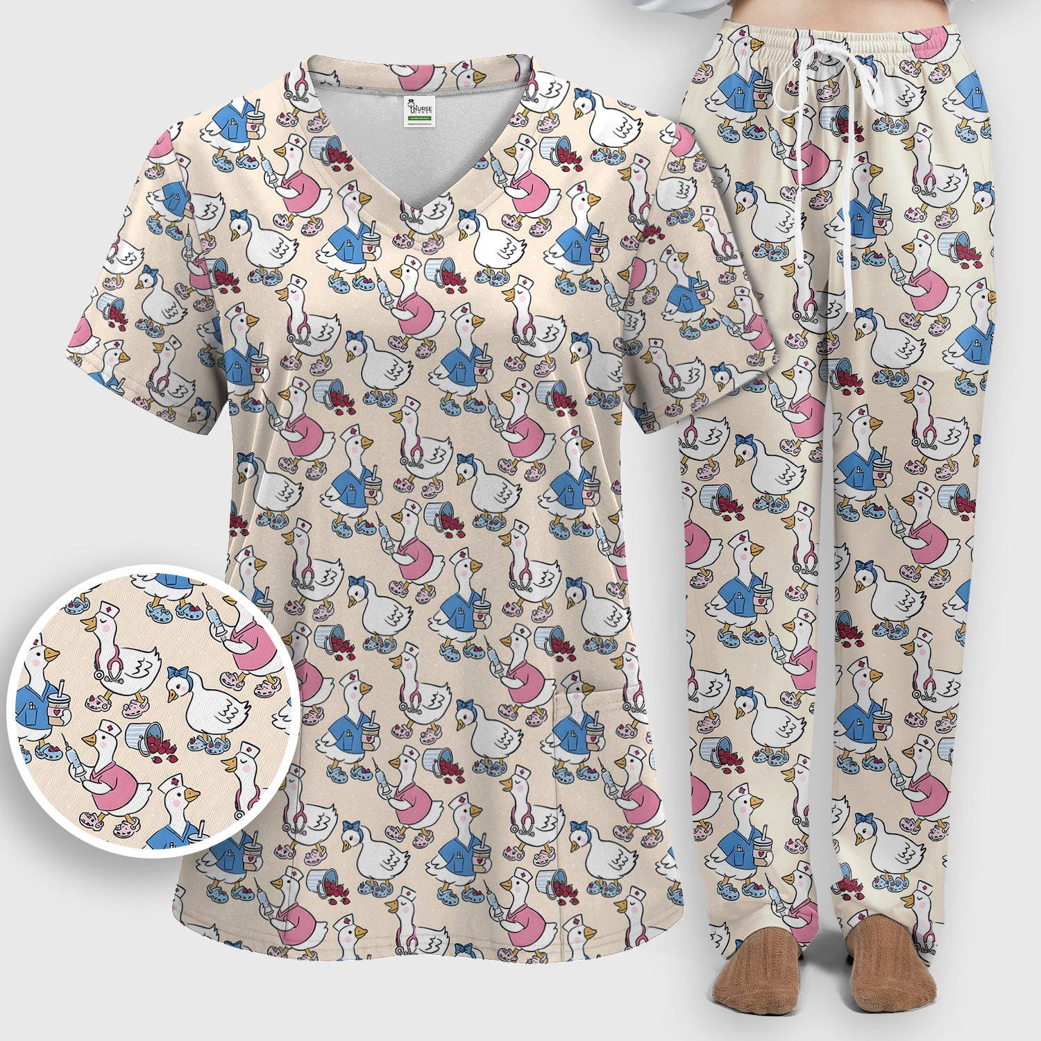 Cute Nurse Goose Cartoon Pattern Scrub Set, Scrub Pants and V Neck Top
