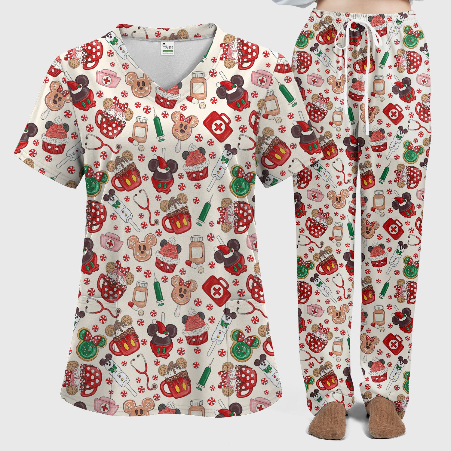 Gingerbread Christmas Comfortable Scrub Set for Nurses - Funny Cookies Candy Cupcake Pants and V Neck Top - Holiday Med Uniform