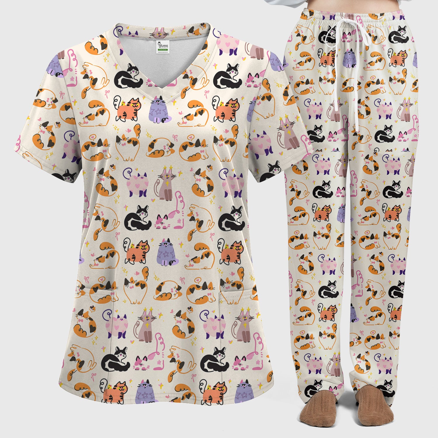 Funny Cat Pattern Scrub Set, Cute Cats Nursing Uniform For Women