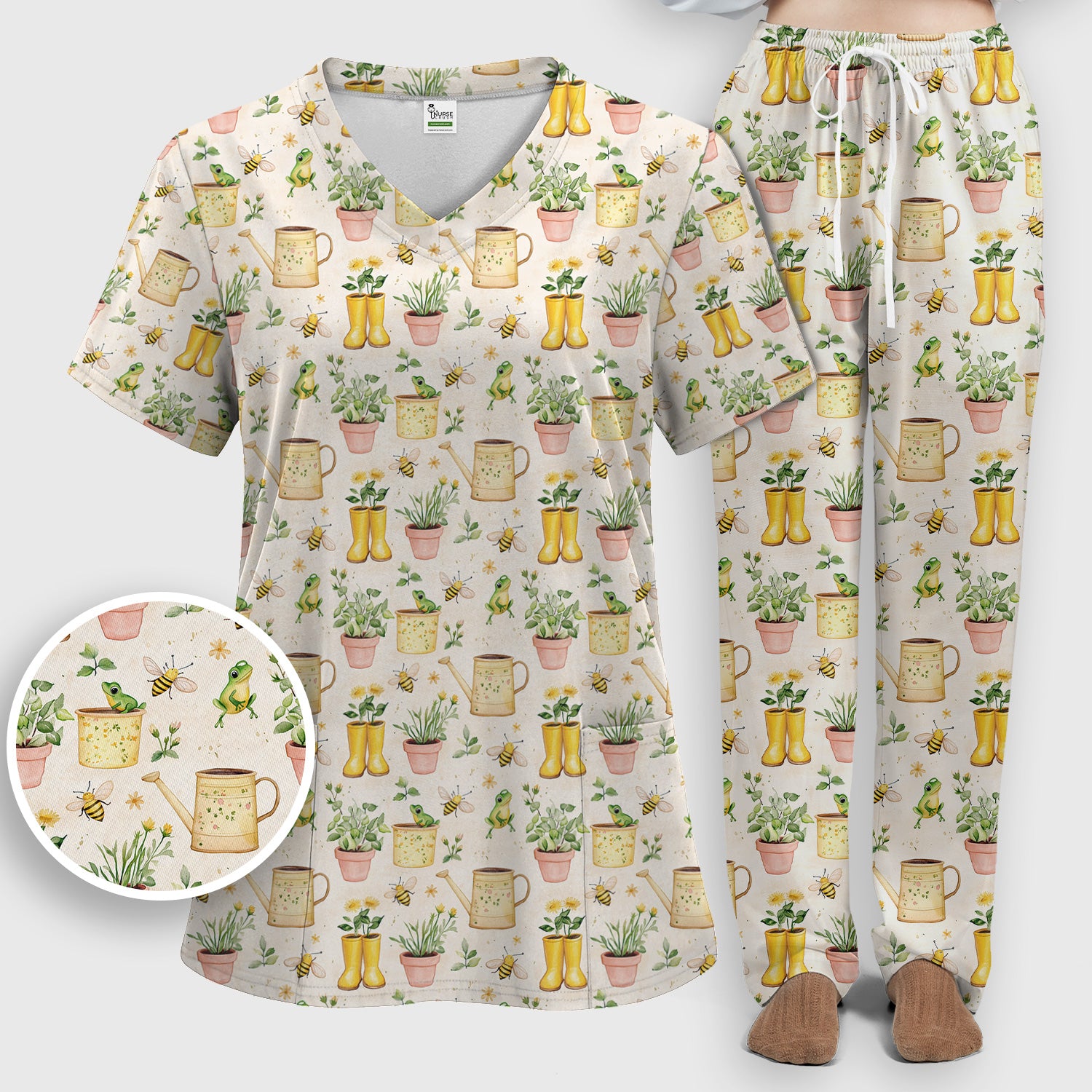 Cute Nurse Frog And Bee Garden Pattern Scrub Set, Scrub Pants and V Neck Top