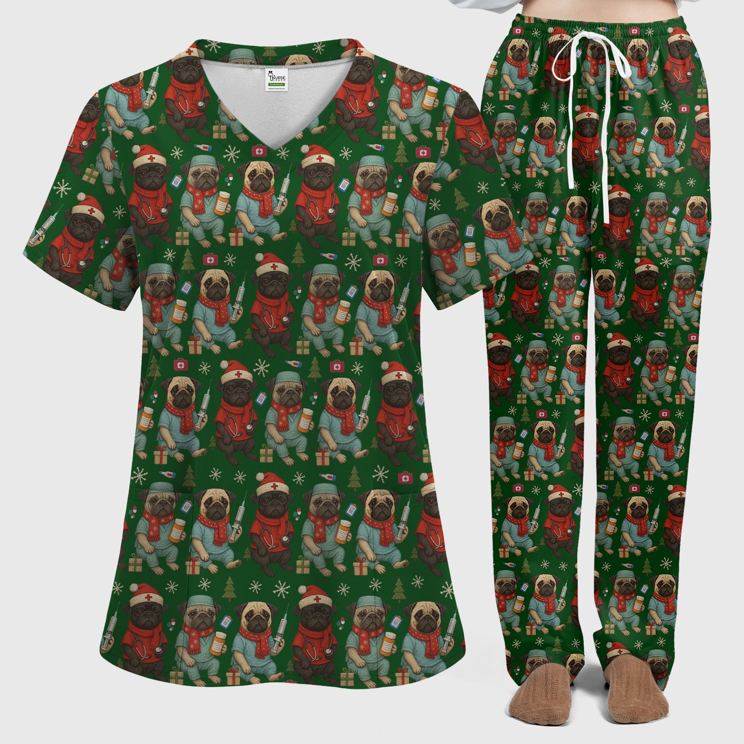 Christmas Pug Nurse Scrub Set, Cute Holiday Dog Medical Uniform Shirt For Nursing