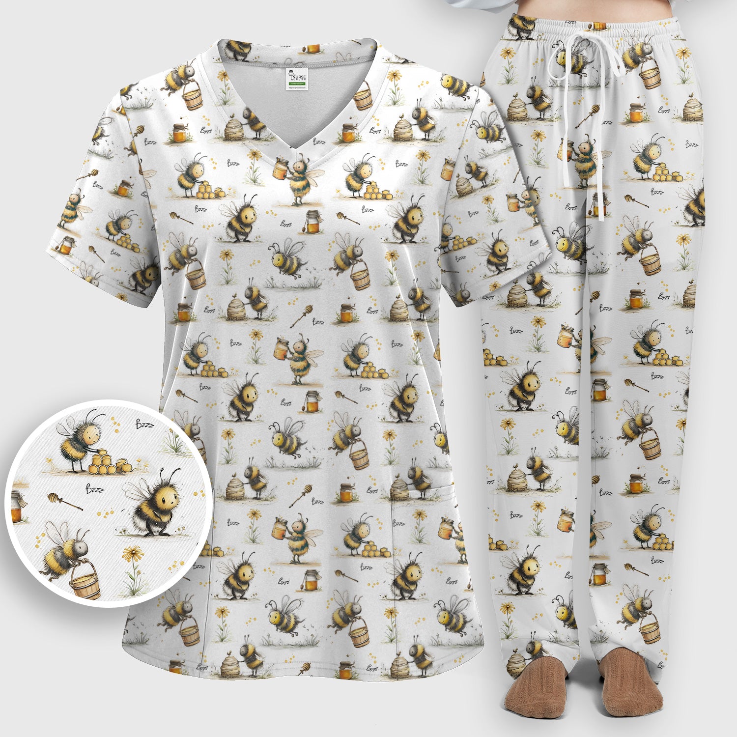 Cute Honey Bee Jar Garden Pattern Scrub Set, Scrub Pants and V Neck Top
